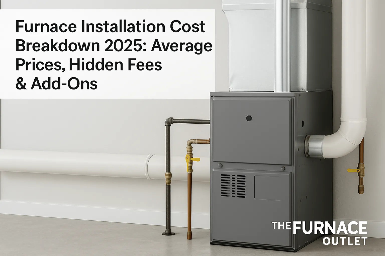 Modern furnace installation in a clean utility room with ducts and pipes visible.