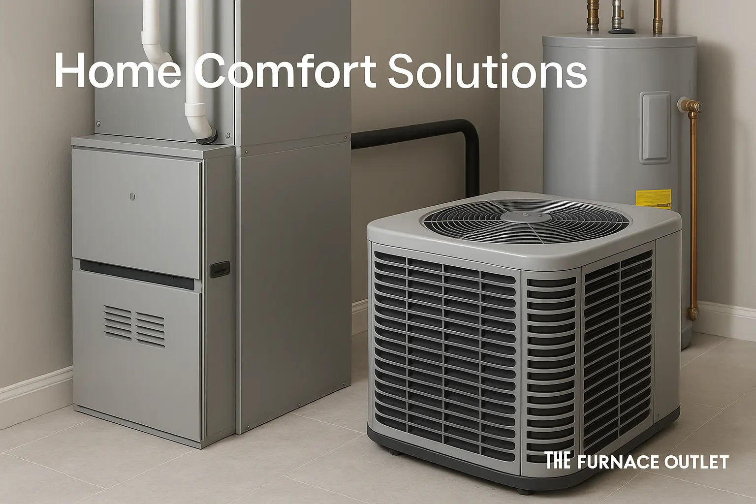Modern home HVAC system with furnace, condenser, and water heater in a clean residential utility room.
