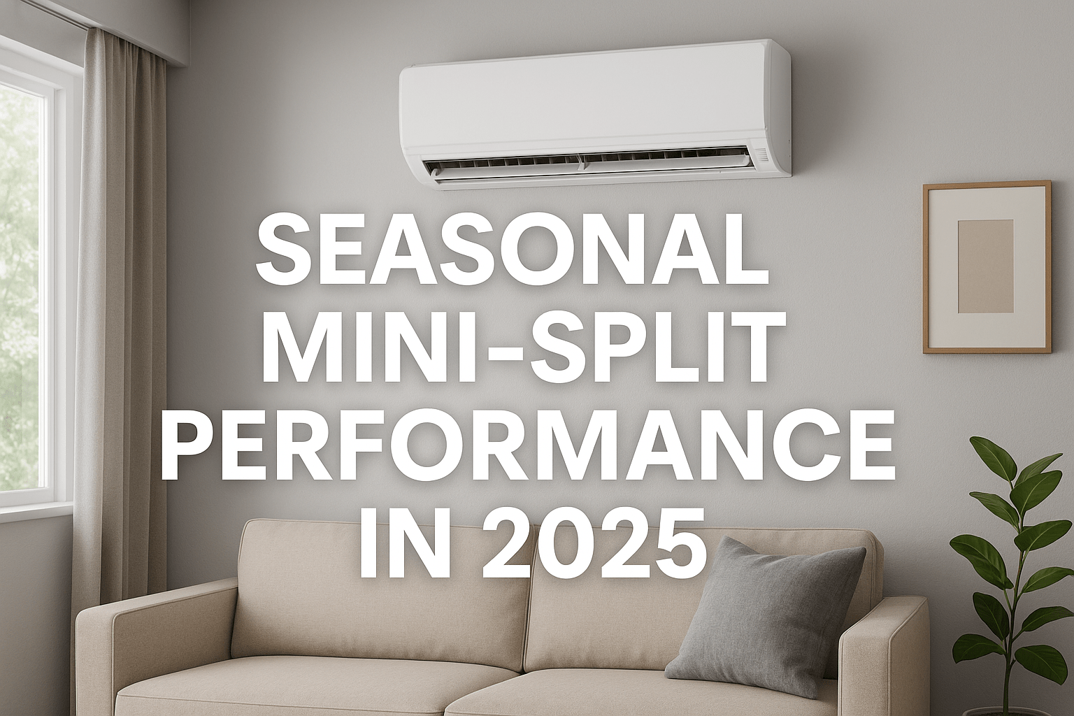Modern living room with a ductless mini-split AC unit mounted on the wall above a beige sofa, featuring soft natural lighting and minimalist decor, showcasing seasonal HVAC comfort.