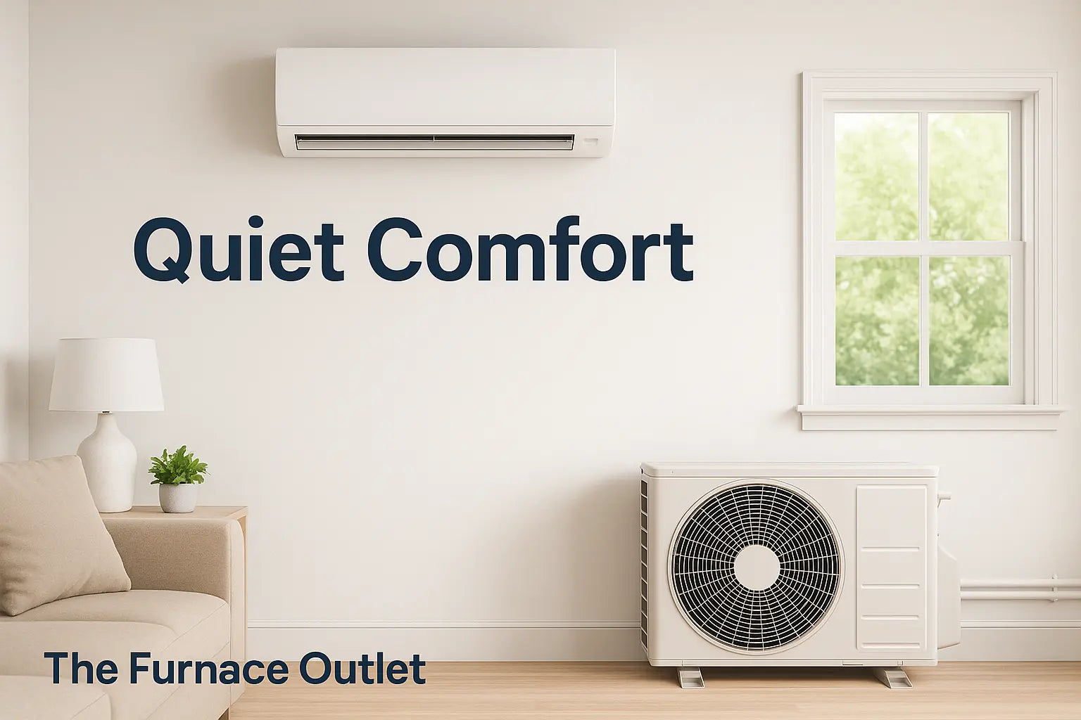 Modern living room with a mini-split HVAC system and The Furnace Outlet branding.
