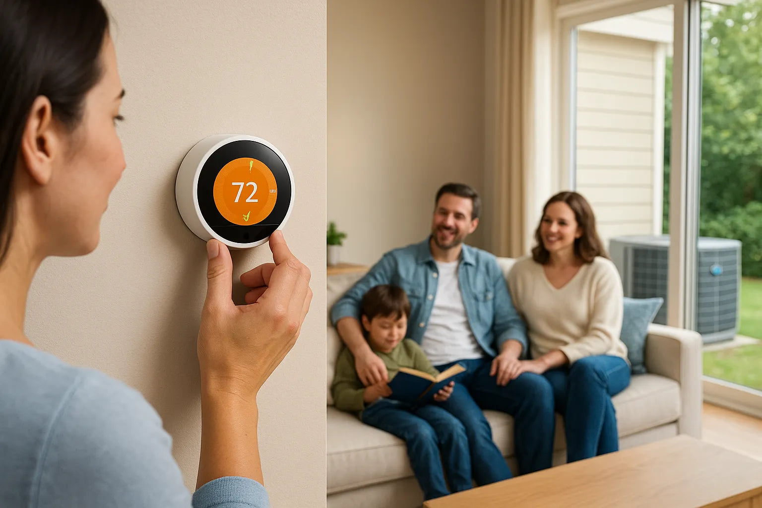 Modern living room with homeowner adjusting a smart thermostat and an outdoor heat pump visible, conveying efficient, reliable comfort.