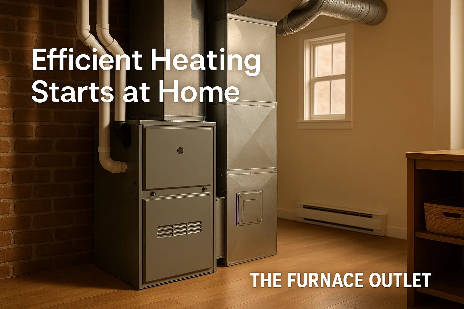 Modern residential furnace with sealed ductwork in warm-toned home interior.