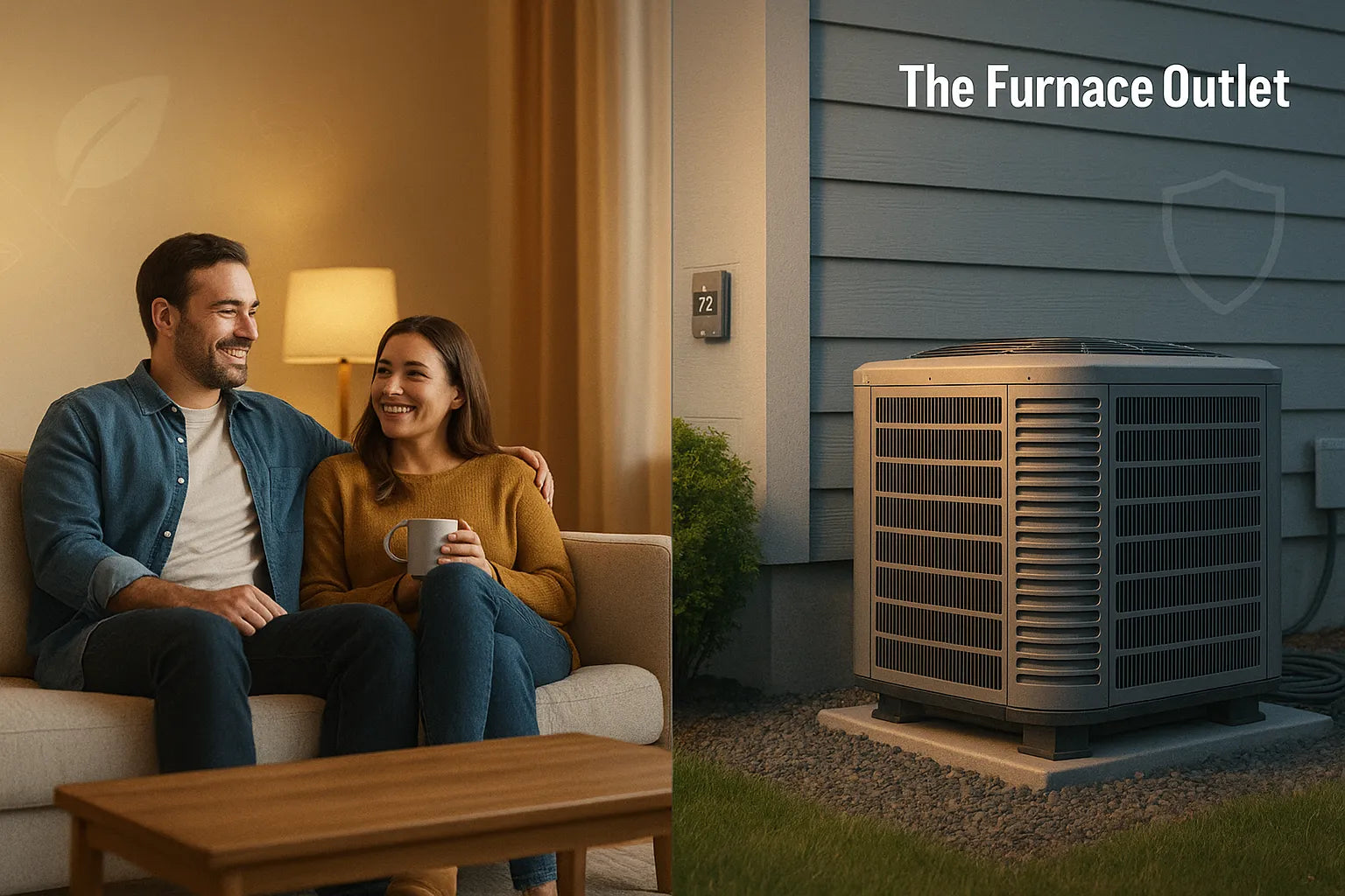 Modern split view of cozy living room and outdoor AC unit, conveying energy-efficient, reliable home comfort for The Furnace Outlet.