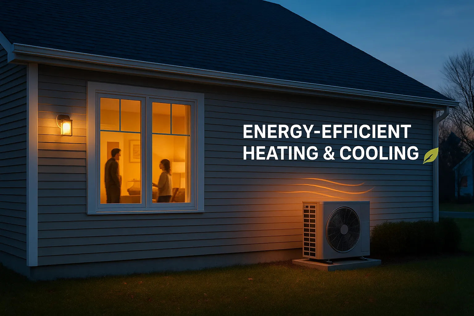 Modern suburban home at dusk with an energy-efficient heat-pump unit outside, illustrating reliable heating and cooling.