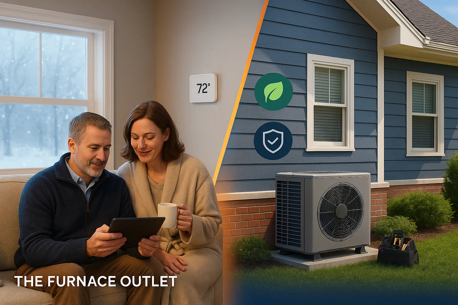 Modern suburban home showing cozy winter interior and outdoor heat pump, highlighting energy-efficient comfort and reliability from The Furnace Outlet.