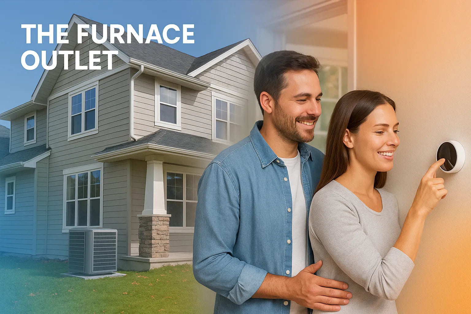Modern suburban home with efficient HVAC unit and smiling homeowners adjusting a smart thermostat, illustrating energy‑saving comfort solutions from The Furnace Outlet