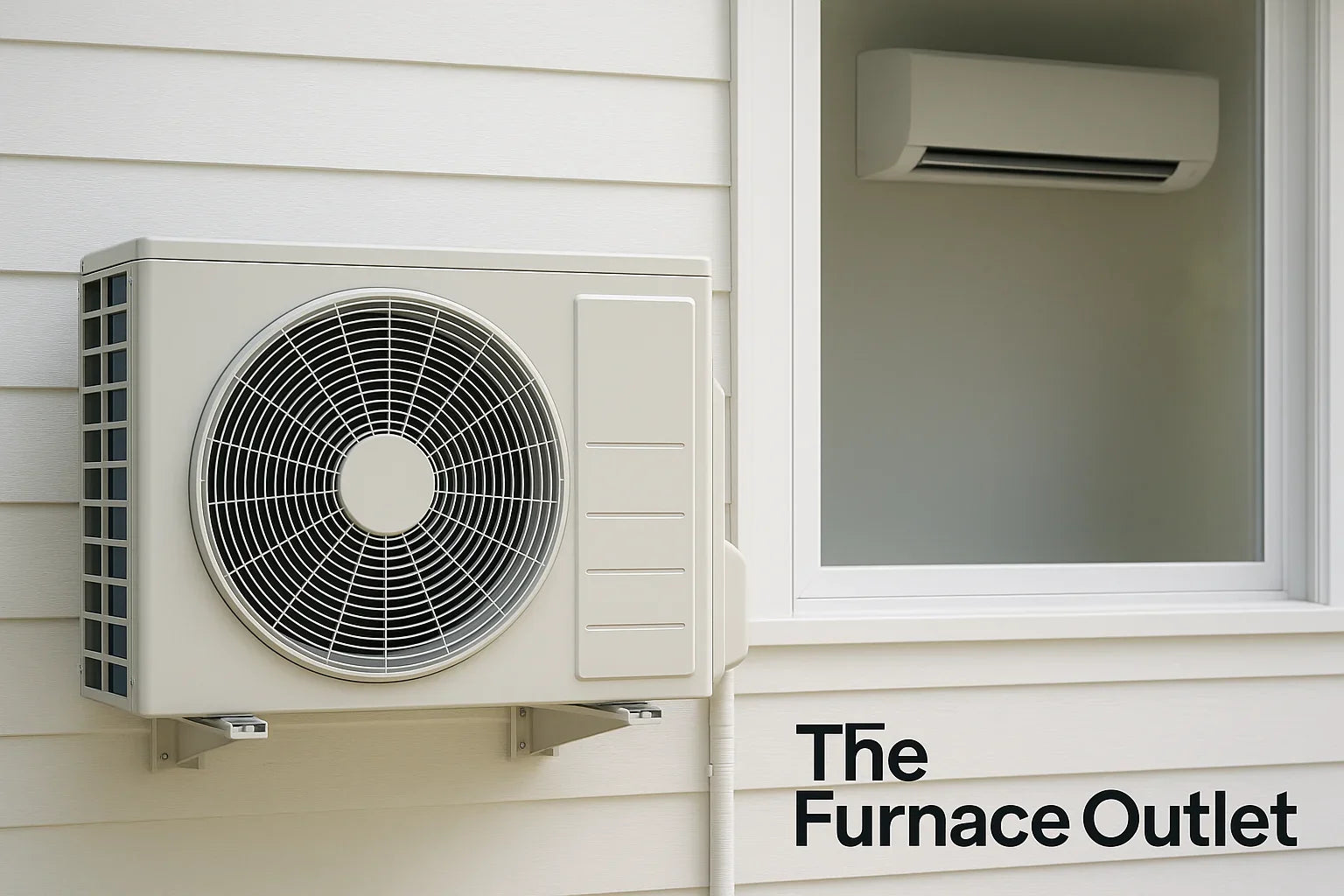 Outdoor and indoor mini-split units installed on a house exterior wall.
