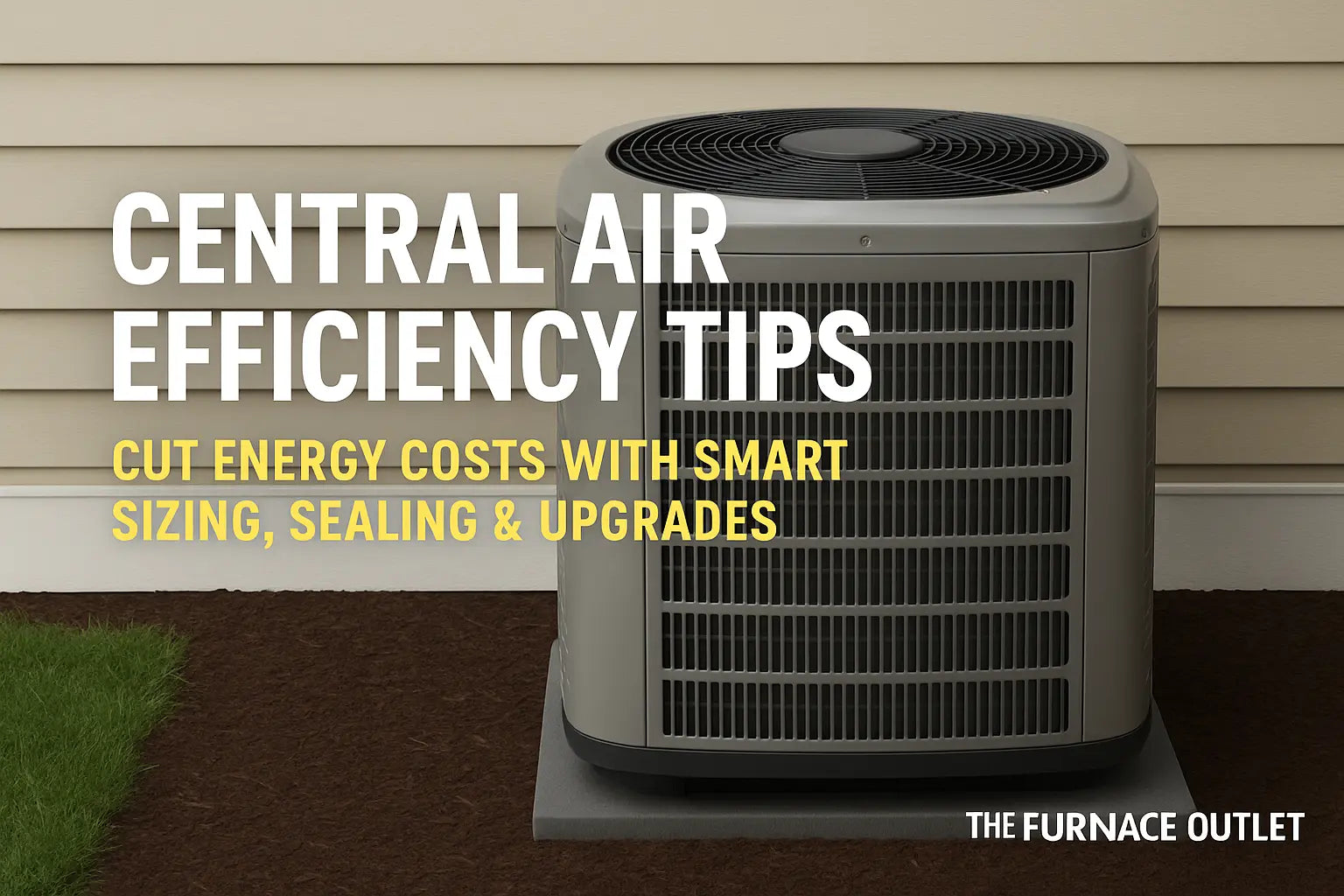 Outdoor central air conditioning unit next to house siding, illustrating energy efficiency upgrades with The Furnace Outlet branding