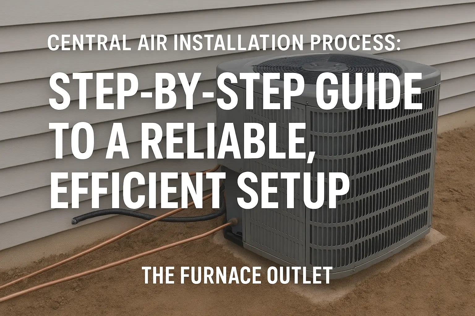 Outdoor central air unit installed on level soil next to a home, with copper refrigerant lines running neatly into the wall — promotes efficient HVAC installation by The Furnace Outlet.