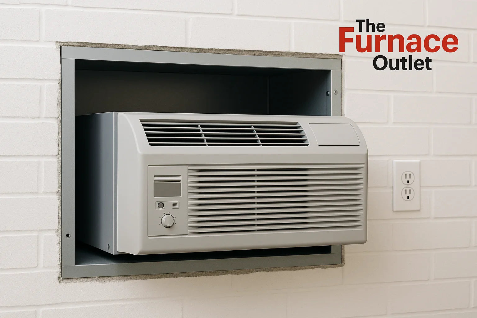 PTAC unit installed in wall sleeve with nearby power outlet in a clean indoor setting