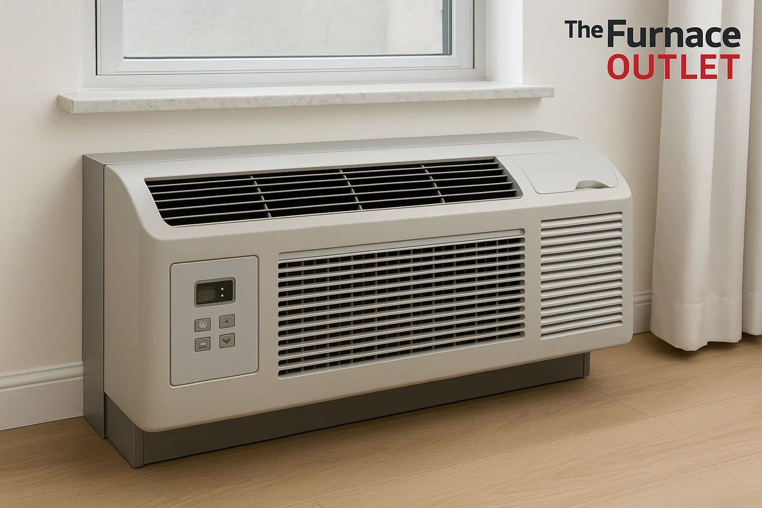 PTAC unit installed under a window in a bright clean room