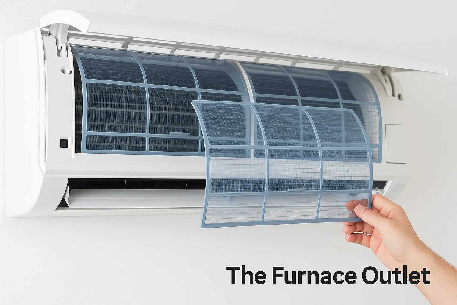 Person cleaning a mini split air conditioner filter with The Furnace Outlet logo displayed.