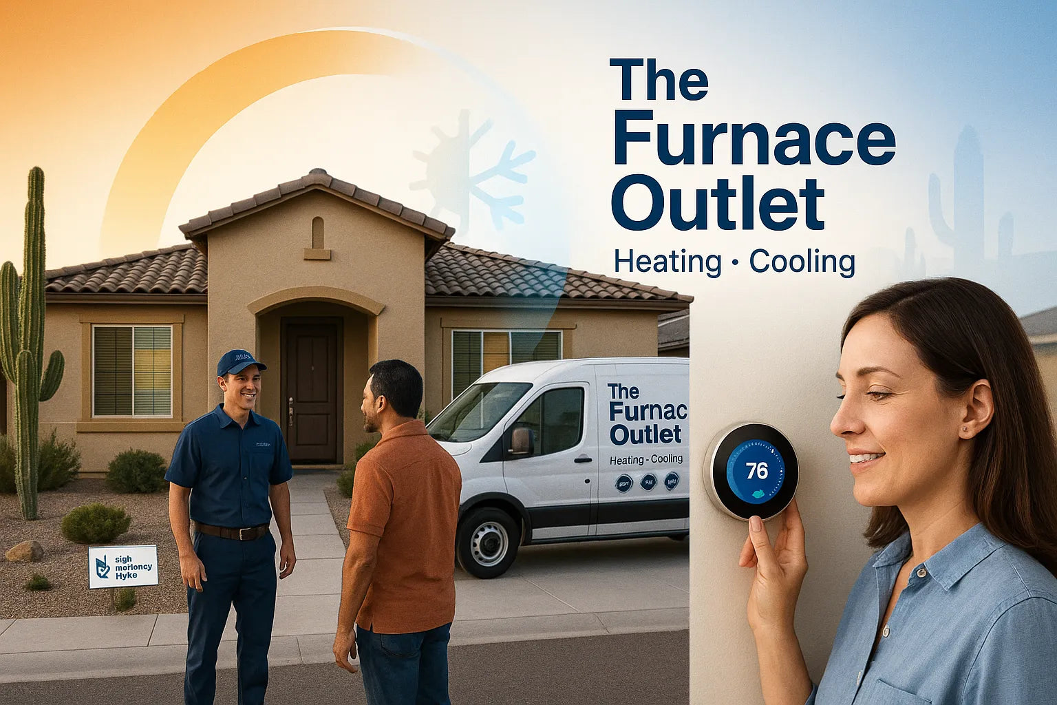 Phoenix-style home with The Furnace Outlet service van and technician, plus homeowner at smart thermostat—showing energy-efficient heating and cooling.