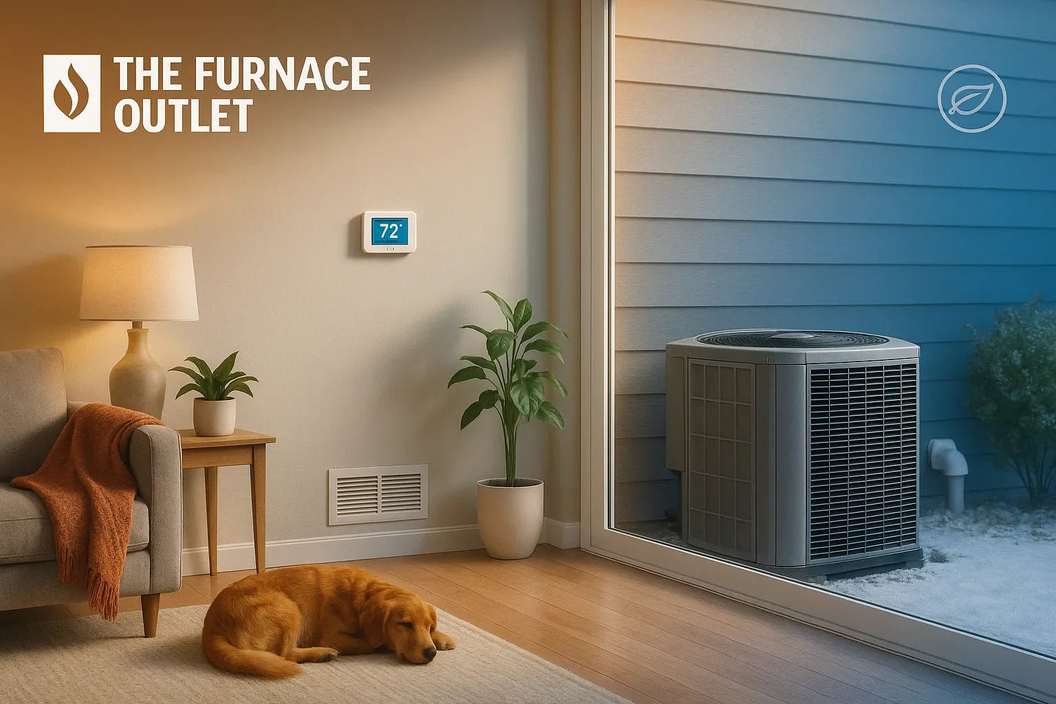 Photoreal living room transitioning to an outdoor heat pump, conveying energy-efficient heating and cooling by The Furnace Outlet.