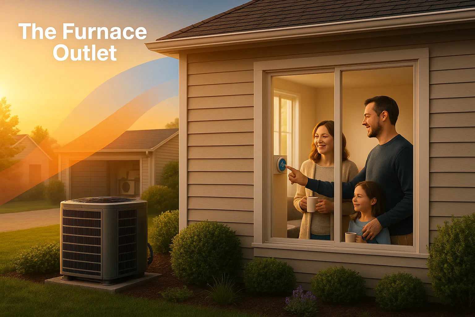 Relaxed family adjusts a smart thermostat as an efficient outdoor AC unit hums beside their sun‑lit suburban home.