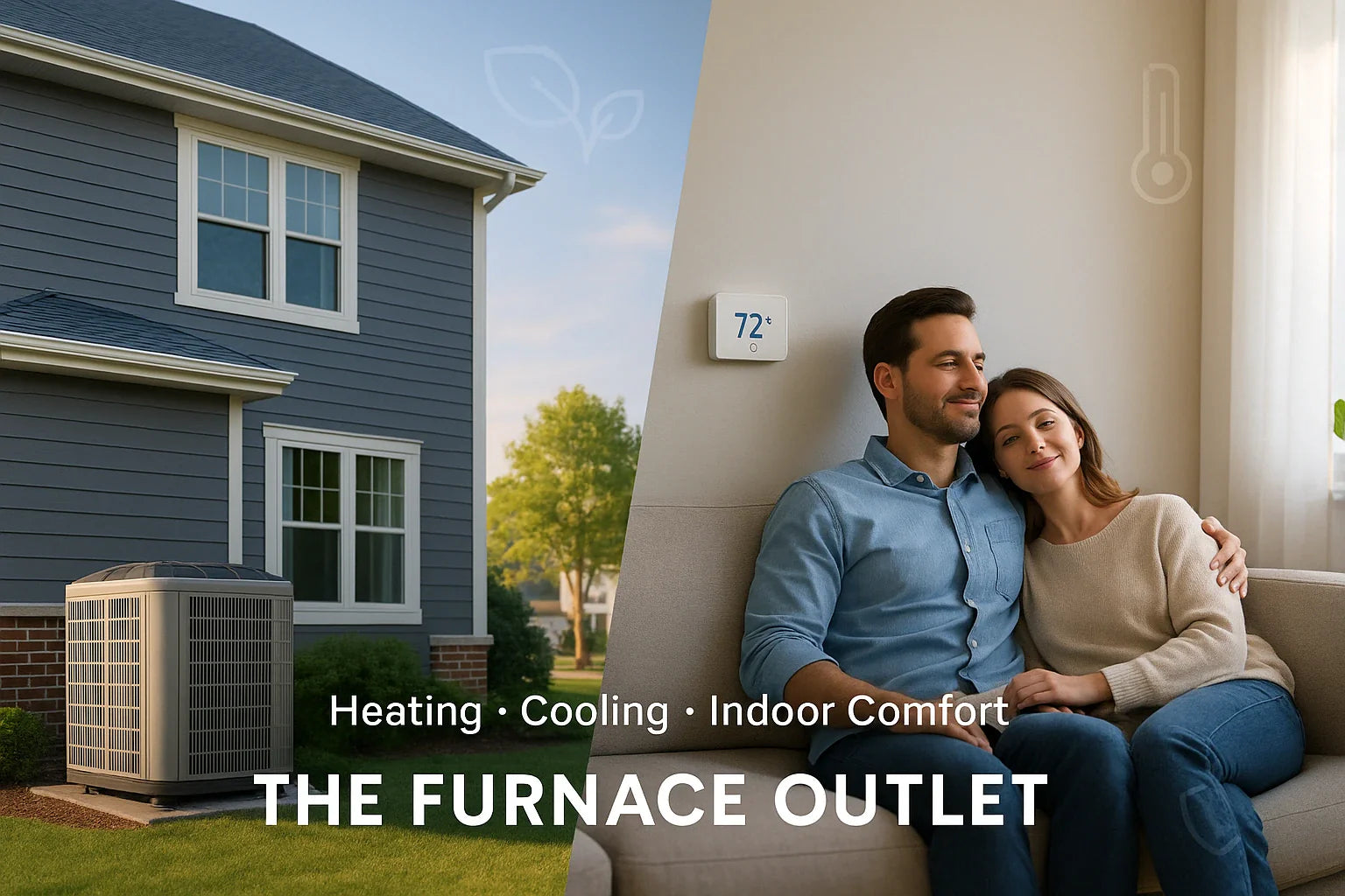 Residential HVAC comfort by The Furnace Outlet—efficient heating and cooling with home condenser and cozy living room.