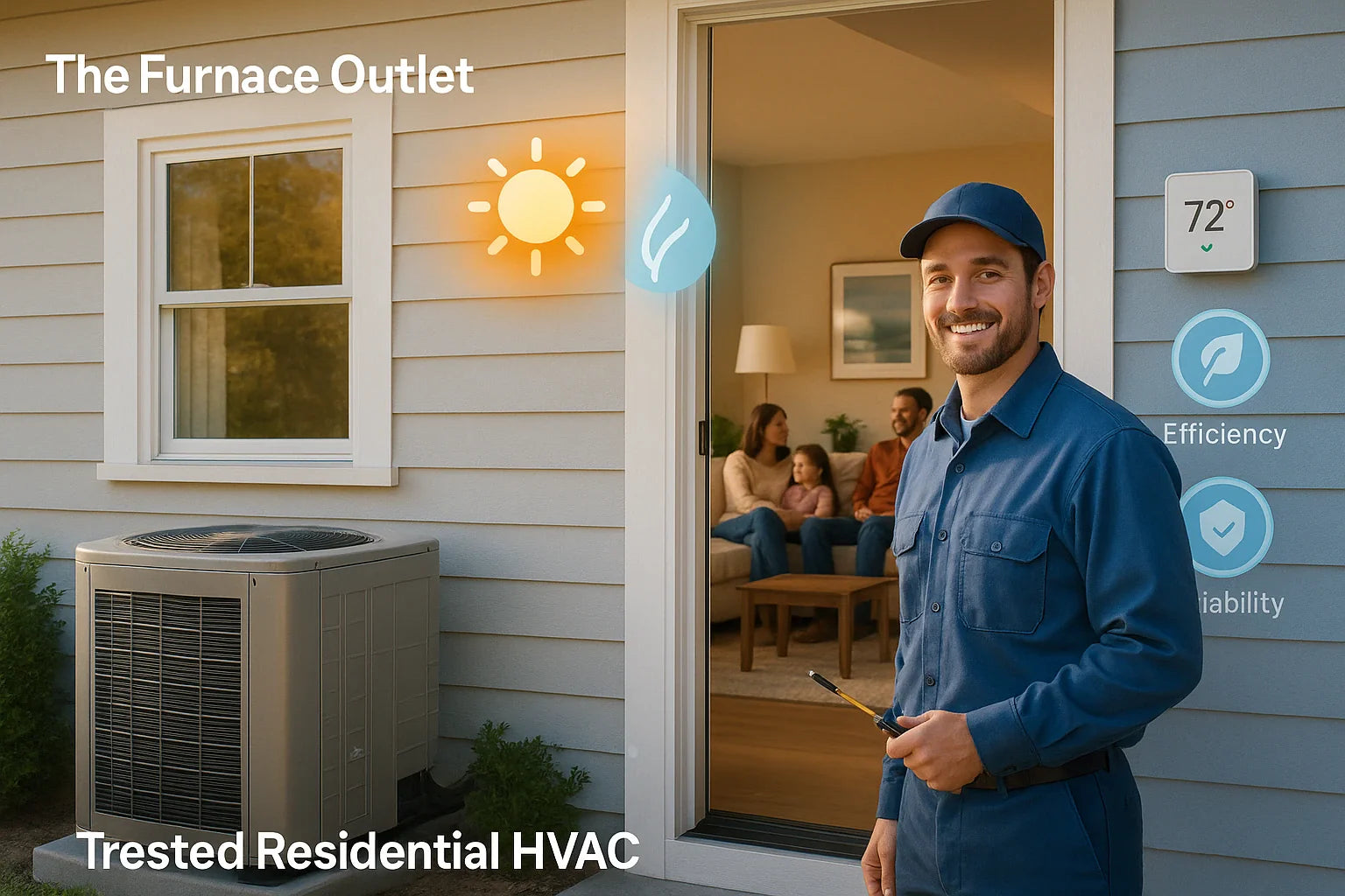 “Residential HVAC hero image with technician, efficient outdoor heat pump, and a comfortable living room for The Furnace Outlet.”