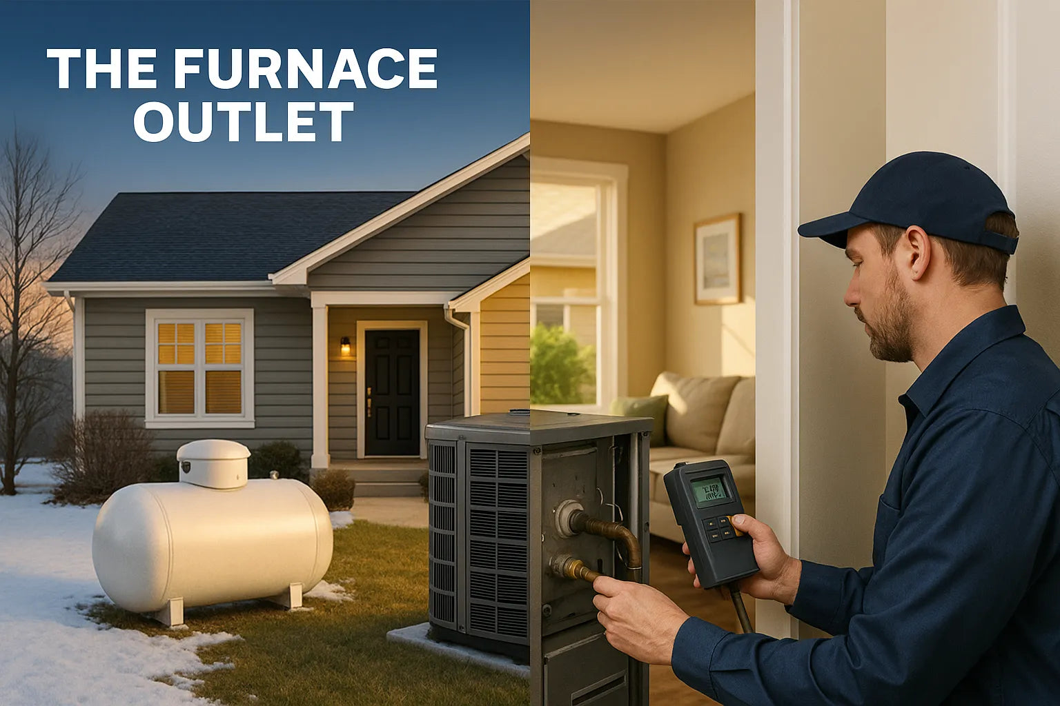 Residential HVAC hero showing U.S. home with propane tank and AC unit outside, plus a technician adjusting a furnace indoors—signaling efficient, reliable heating and cooling.