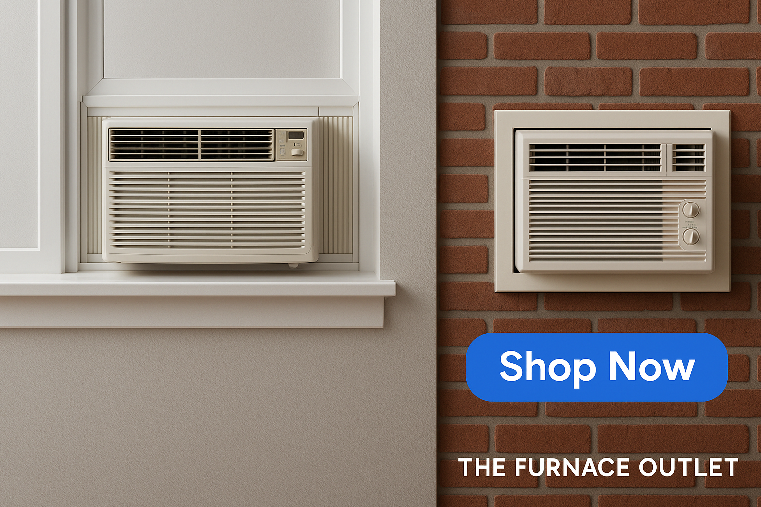 Side-by-side installation of a window and through-the-wall air conditioner, showing proper fitting and placement on a modern home exterior wall with Shop Now - The Furnace Outlet as the call to action.