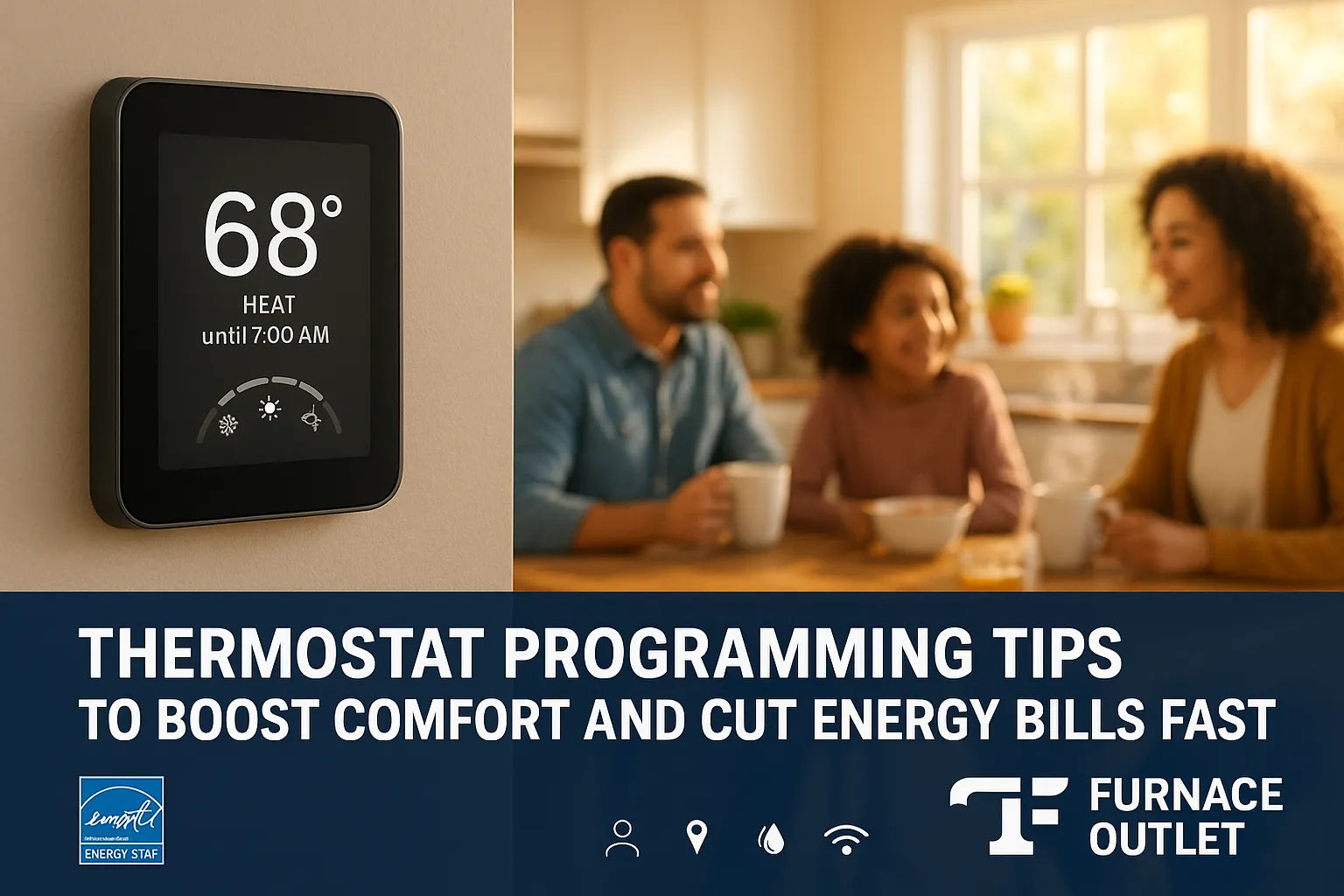Smart thermostat set to 68°F warms a sunlit kitchen as a family eats breakfast, highlighting comfort and energy‑saving control.