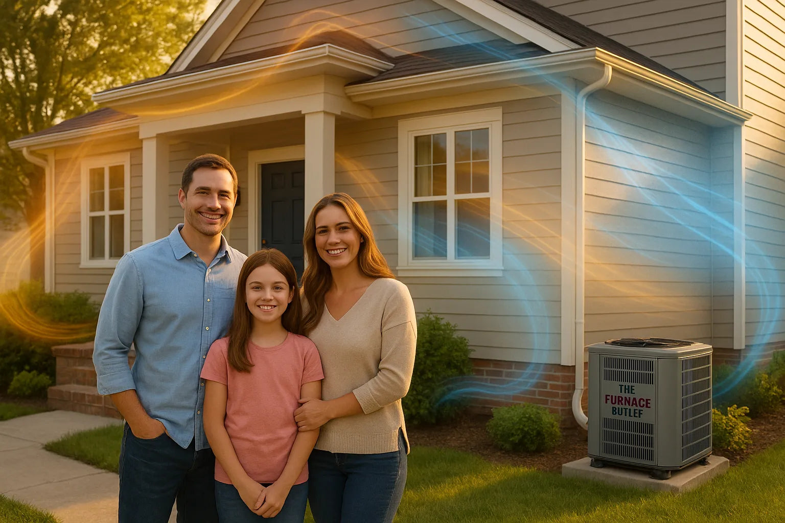 Smiling family outside their suburban home beside an HVAC unit branded “The Furnace Outlet