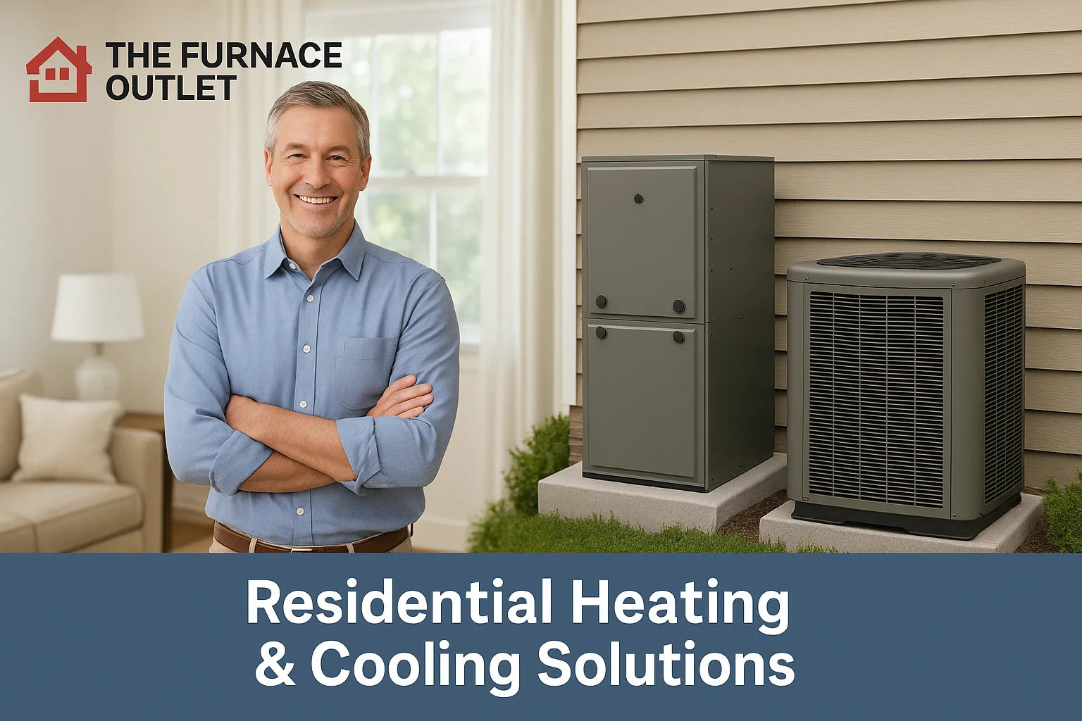 Smiling homeowner beside high-efficiency residential HVAC units, promoting comfort and energy savings.