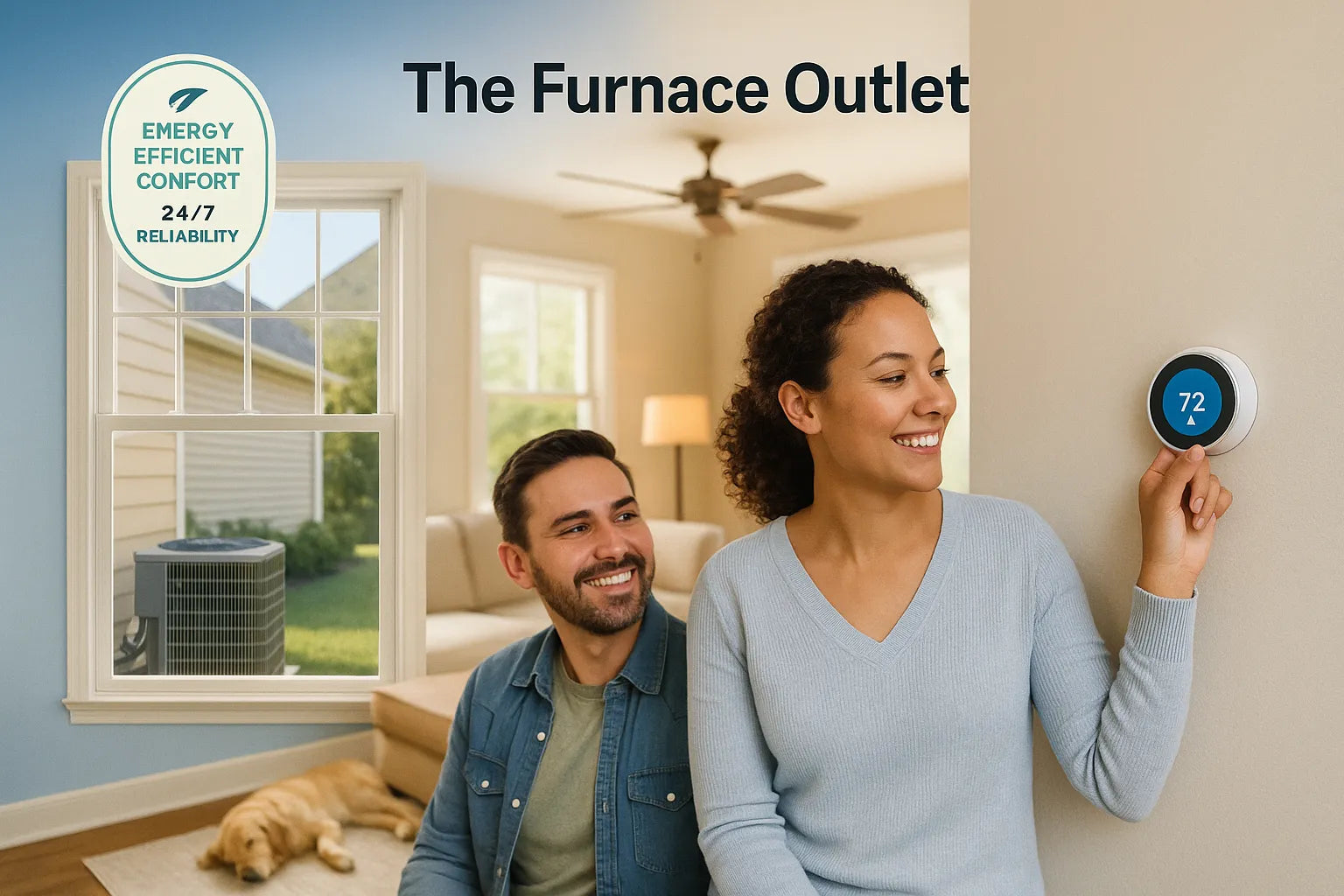Smiling homeowners adjust a smart thermostat in a sunlit living room while an outdoor AC condenser sits outside the window clean, energy-efficient comfort by The Furnace Outlet.