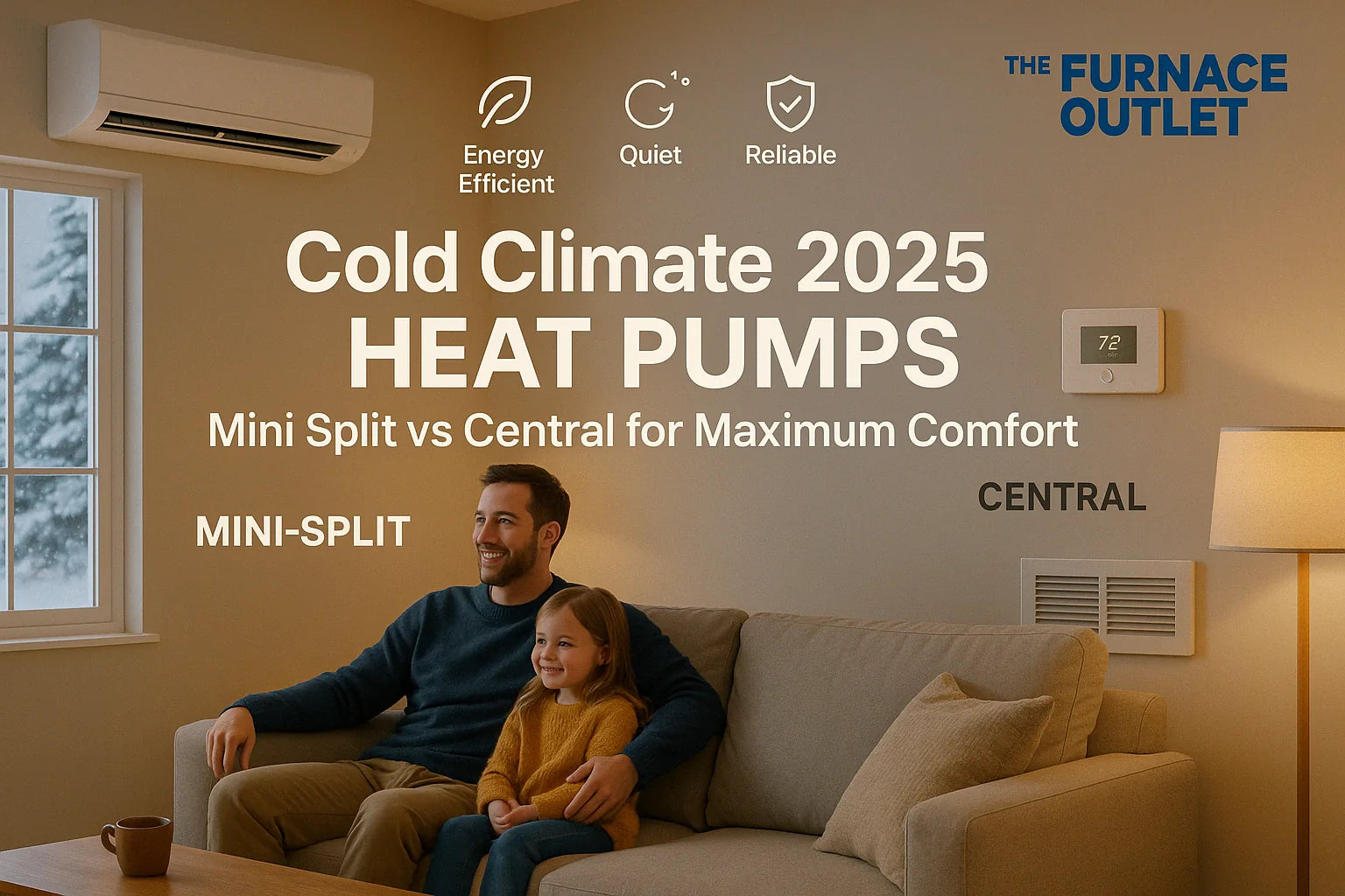 Snowy-day living room with visible mini-split and central heat pump elements, conveying cozy, energy-efficient comfort for a U.S. home.