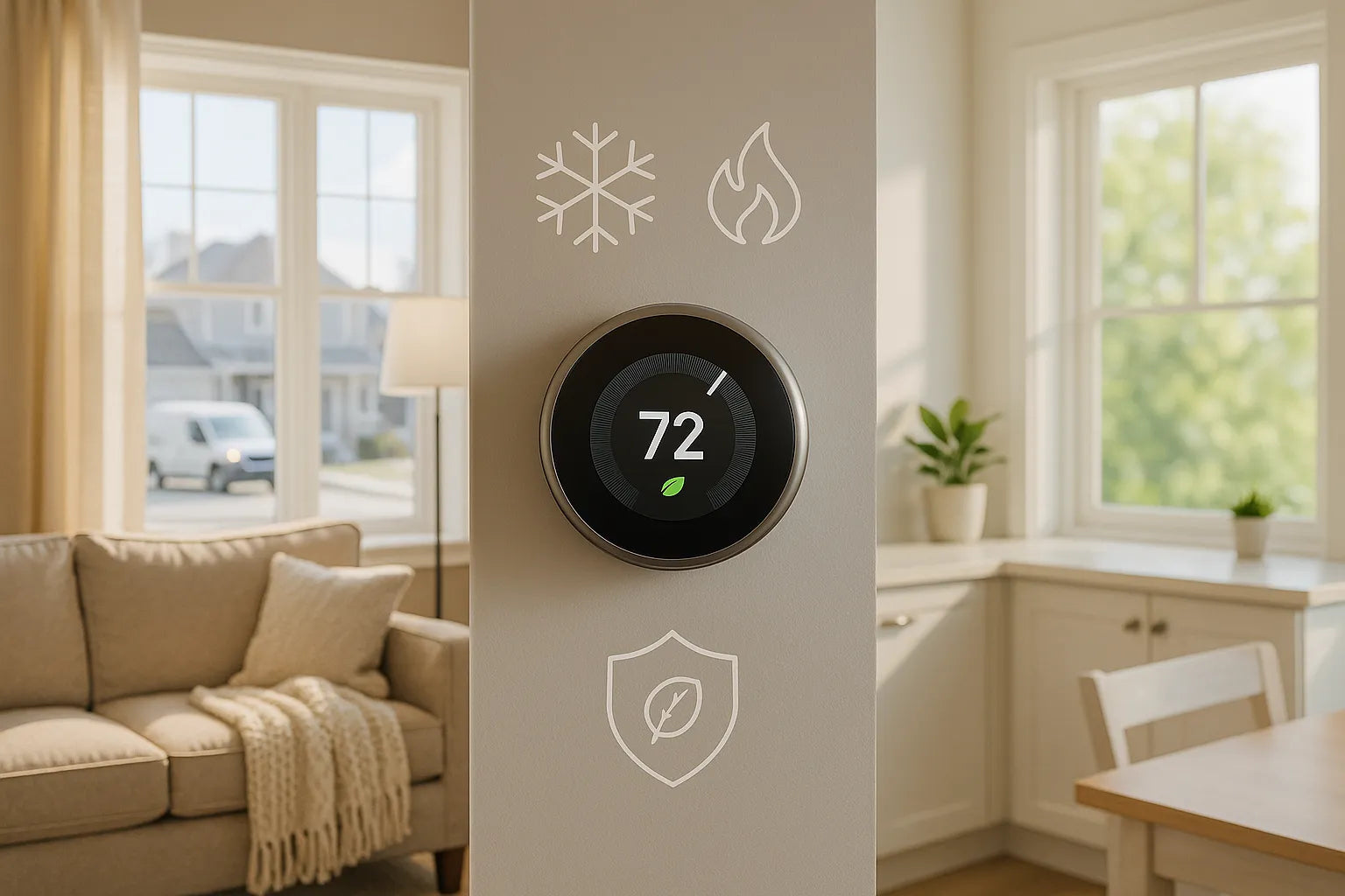 Split-scene U.S. home interior with smart thermostat showing cozy heating and cool comfort for energy-efficient, reliable HVAC.