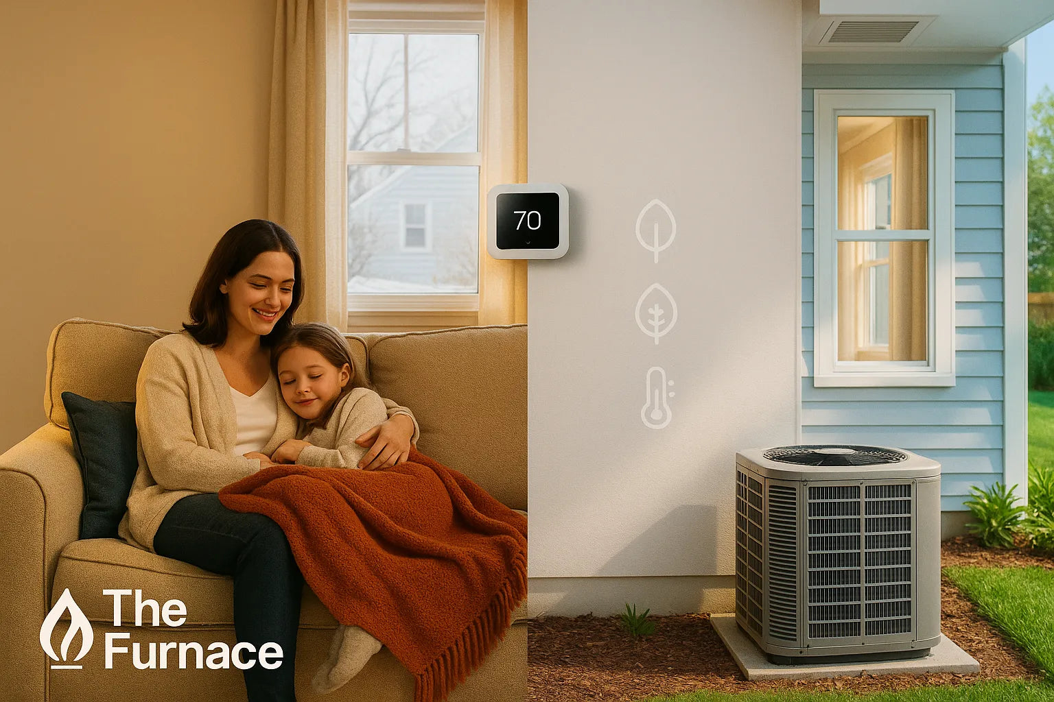 Split-scene U.S. home showing cozy winter living room and cool summer exterior with outdoor AC, conveying energy-efficient, reliable comfort from The Furnace Outlet.