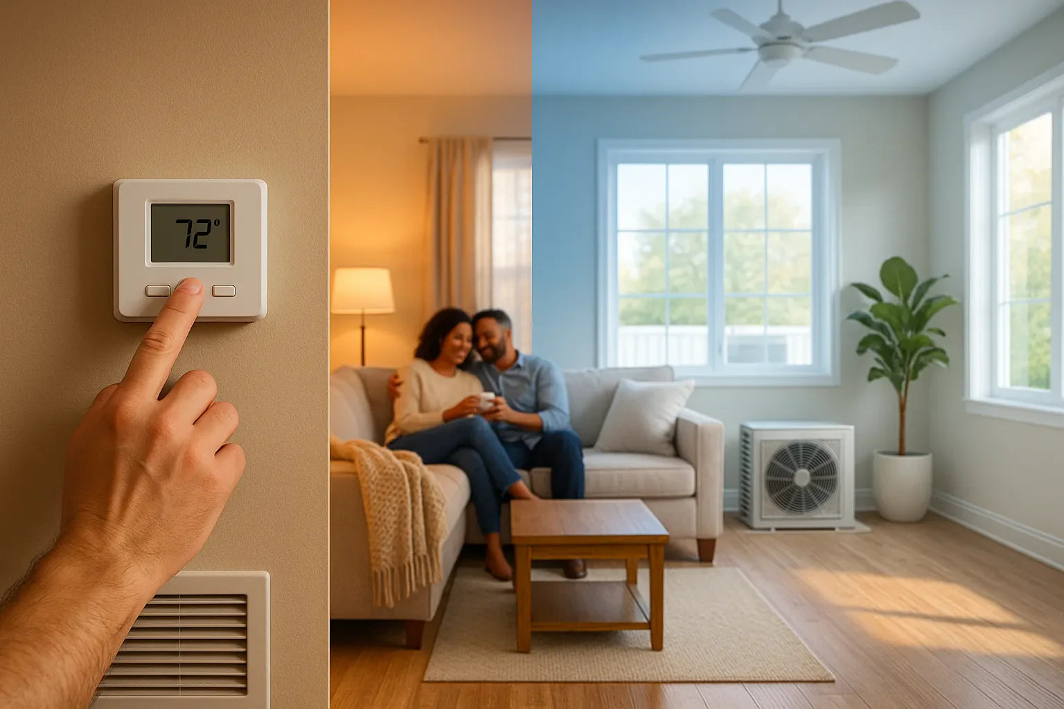 Split-scene living room showing warm heating and cool cooling for The Furnace Outlet, conveying energy-efficient, reliable home comfort.