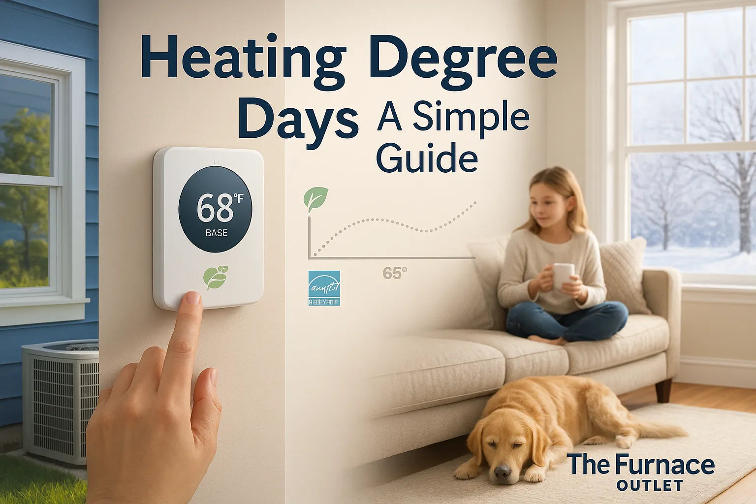 Split-season home hero showing efficient HVAC—cozy living room, outdoor heat pump, and smart thermostat with 65°F HDD baseline for The Furnace Outlet.