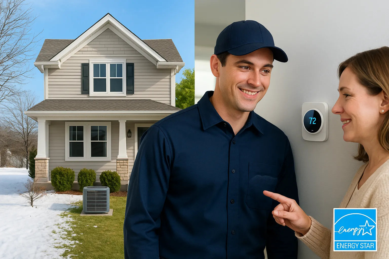 Split-season suburban home with HVAC tech and smart thermostat, conveying energy-efficient heating and cooling from The Furnace Outlet.