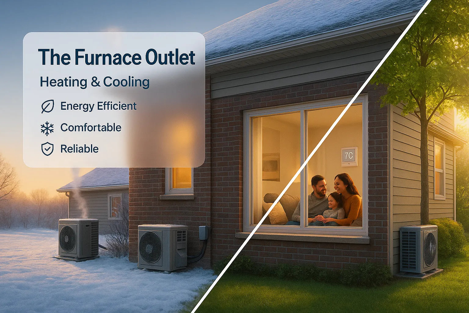 Split-season suburban home with family inside and outdoor heat pumps, illustrating energy-efficient heating and cooling from The Furnace Outlet.