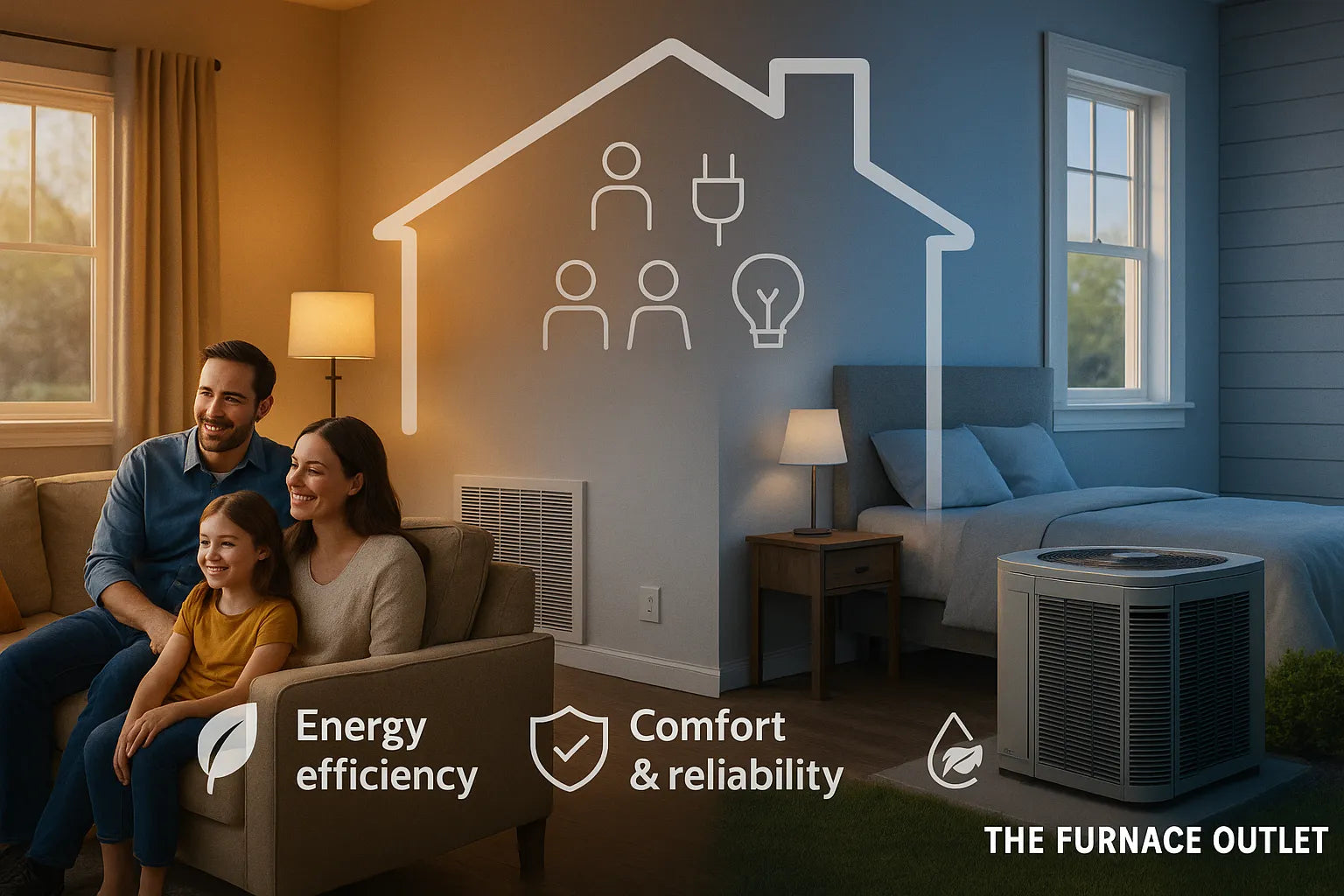 Split-view of a cozy heated living room and a cool home office in a modern U.S. home, conveying energy-efficient, reliable HVAC comfort from The Furnace Outlet.