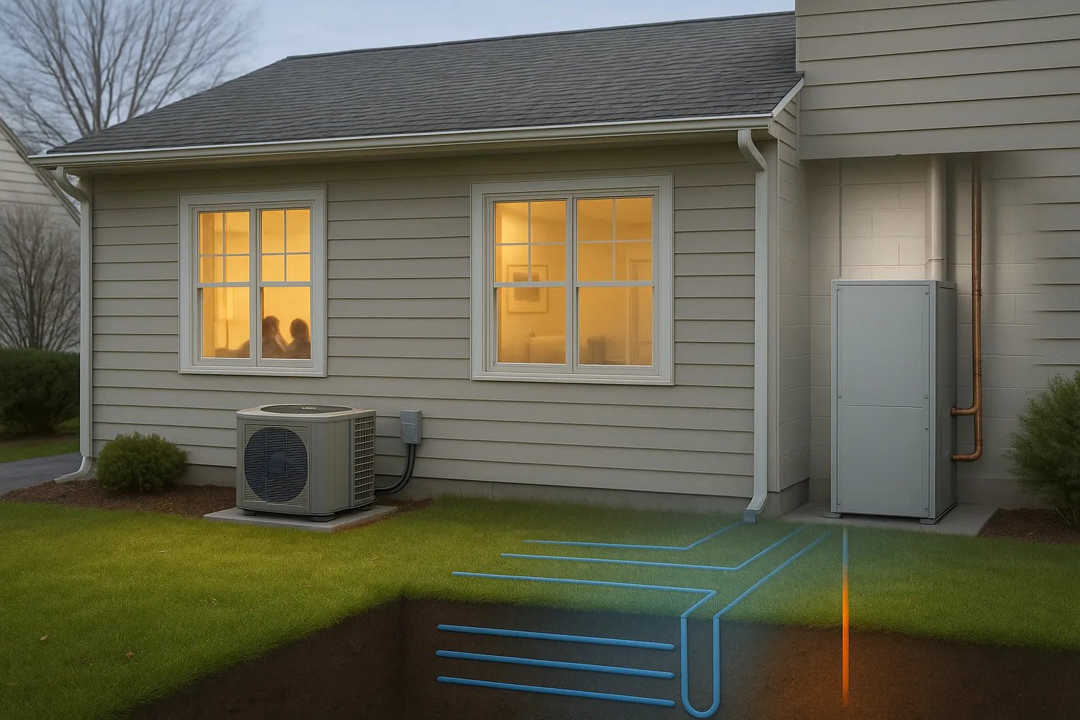 Split-view suburban home showing air-source heat pump outside and geothermal ground loops under lawn, conveying efficient, reliable comfort.