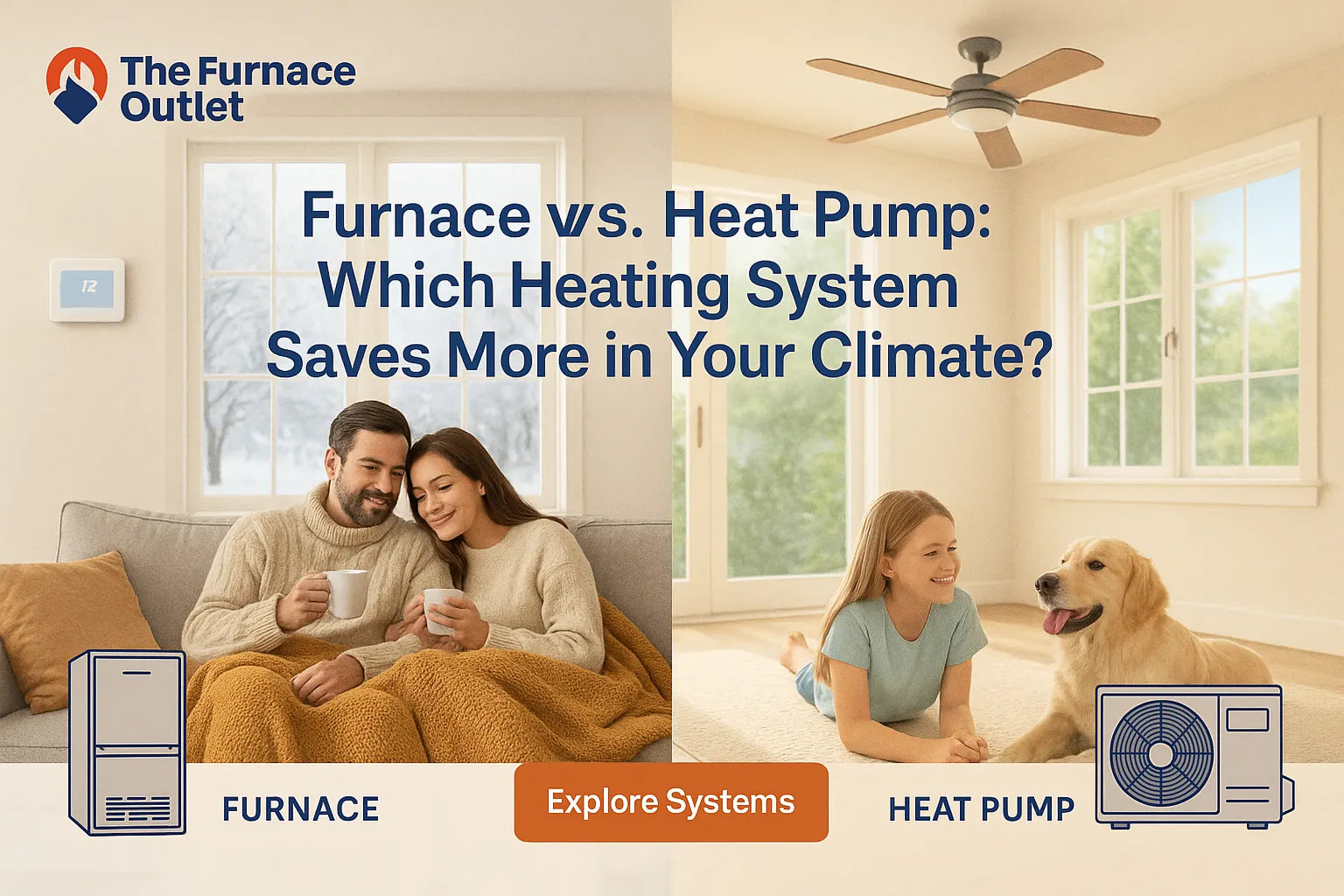 Split image of a warm winter living room and a cool summer interior, highlighting comfort with furnace and heat pump systems from The Furnace Outlet.