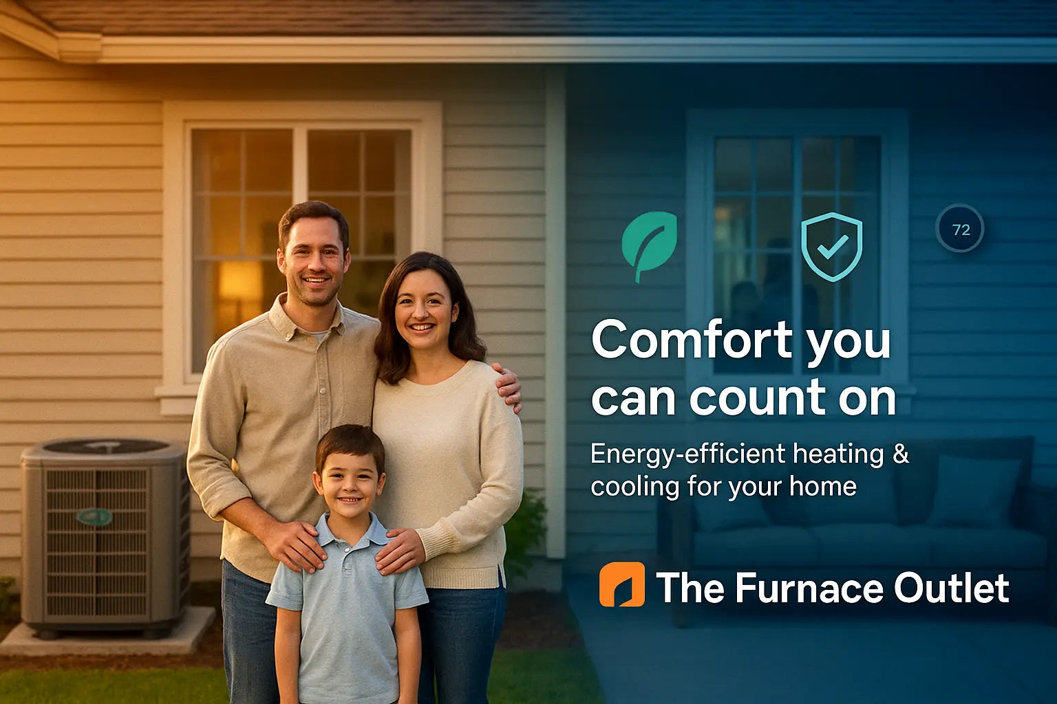 Suburban U.S. home with a modern, unbranded heat pump and cozy living room glow, conveying energy-efficient, reliable heating and cooling from The Furnace Outlet.
