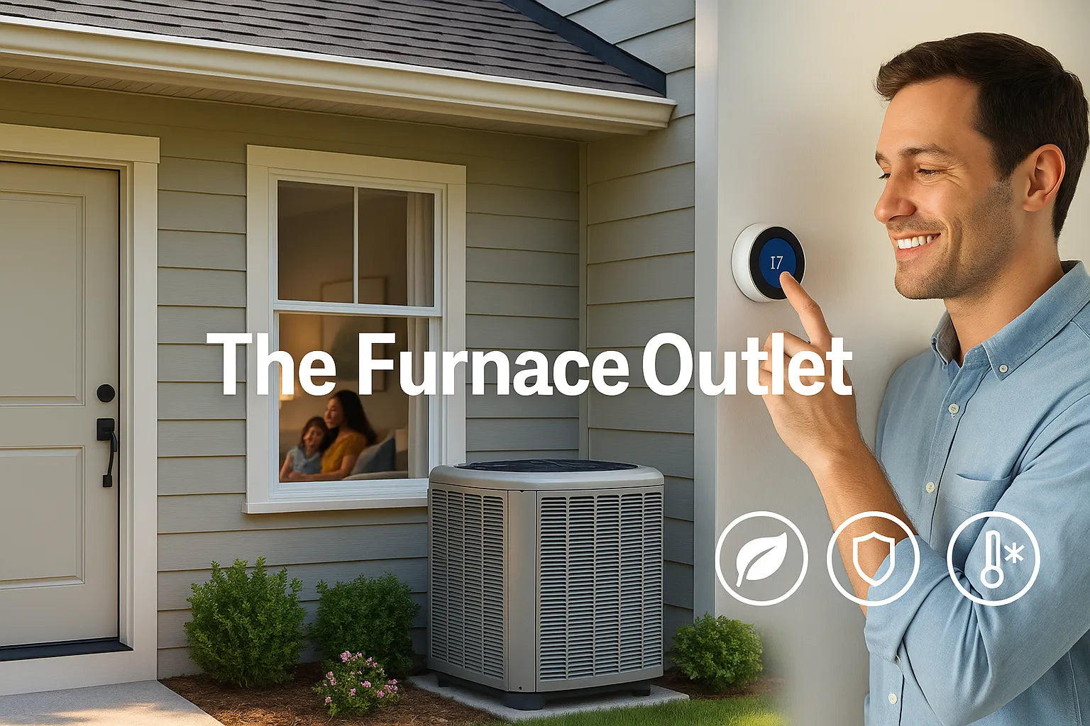 Suburban U.S. home with energy-efficient heat pump outside and a smiling homeowner adjusting a smart thermostat The Furnace Outlet HVAC hero.