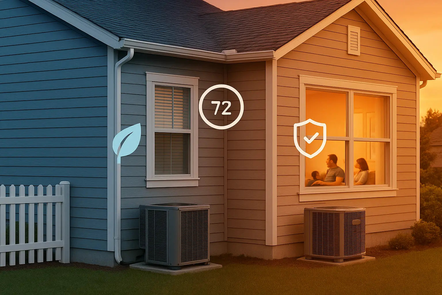 Suburban U.S. home with visible heat pump and warm–cool gradient, signaling energy-efficient, reliable year-round comfort.
