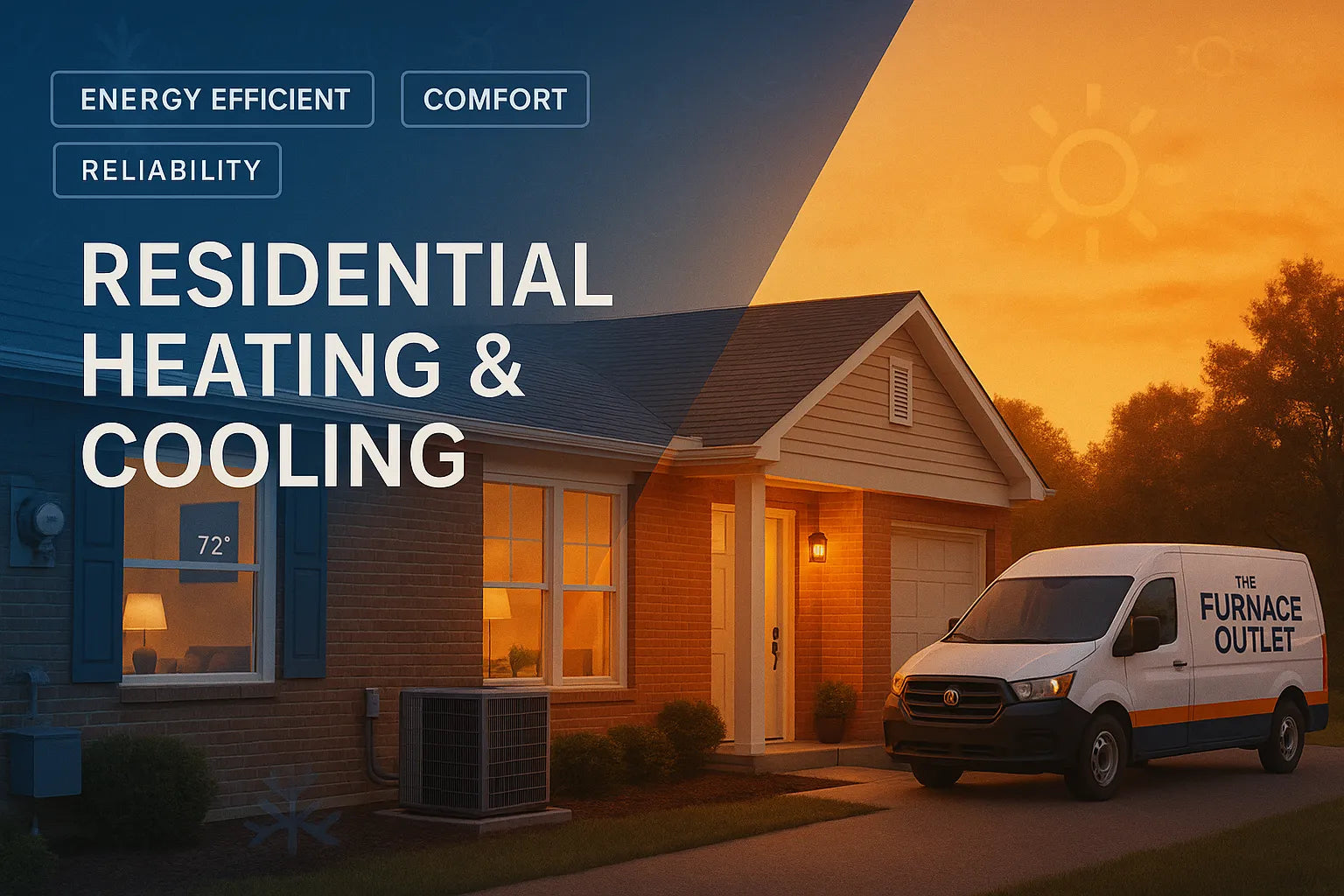 Suburban U.S. home with warm–cool split, outdoor AC unit and “The Furnace Outlet” service van—conveying energy-efficient, reliable residential heating and cooling.