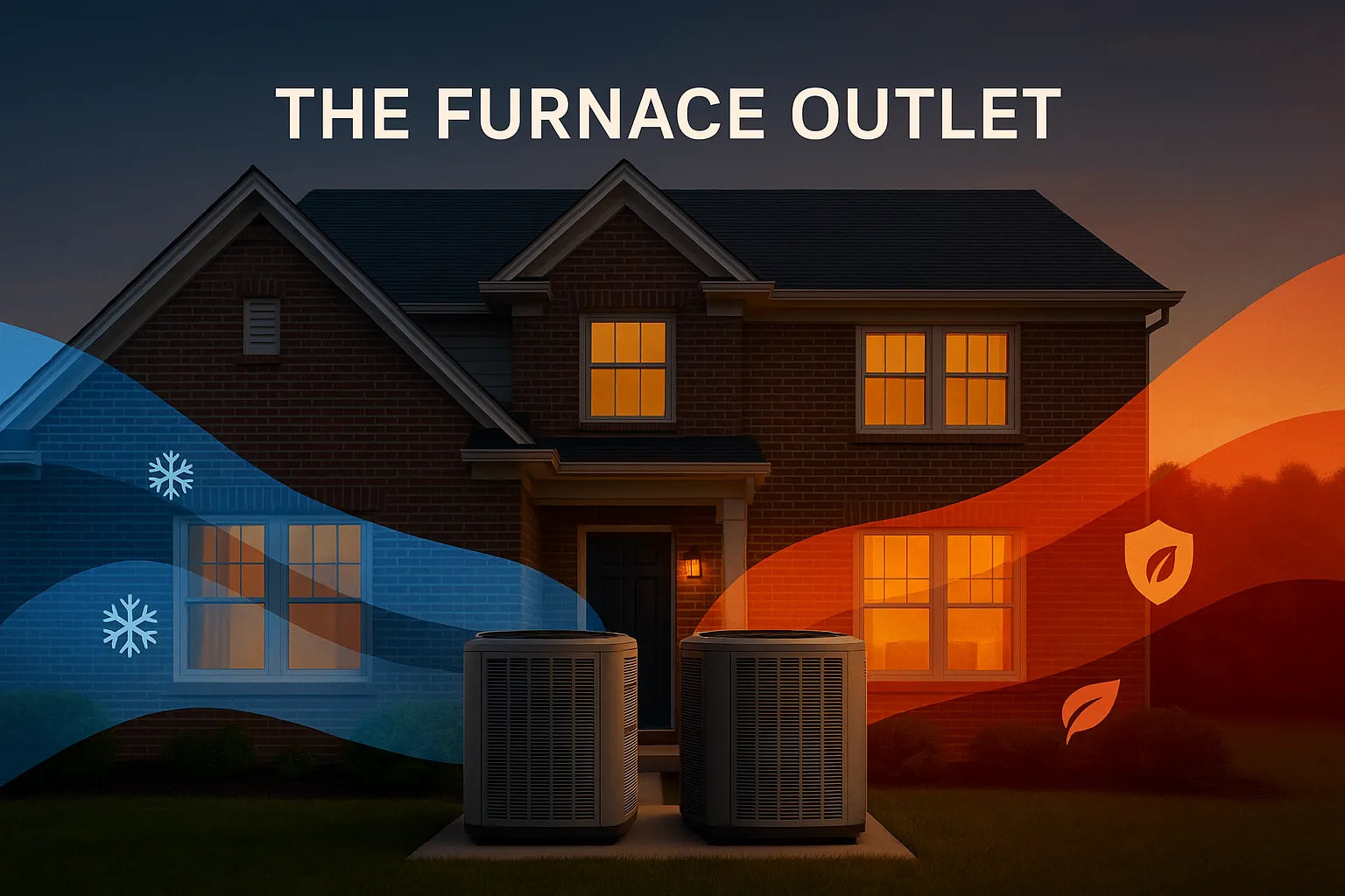 Suburban brick home at dusk with dual outdoor AC units, blue-cool and red-warm airflow overlays, symbolizing efficient residential heating and cooling