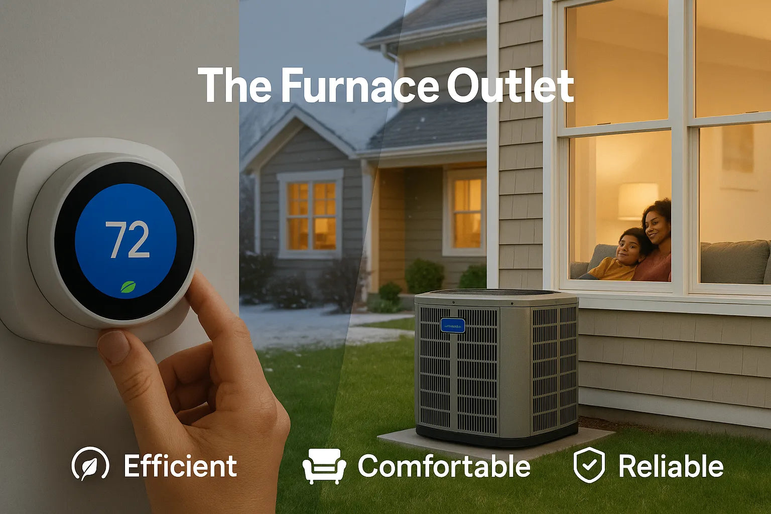 Suburban home hero for The Furnace Outlet showing energy-efficient heating & cooling—outdoor AC unit, smart thermostat, and a family relaxing indoors.
