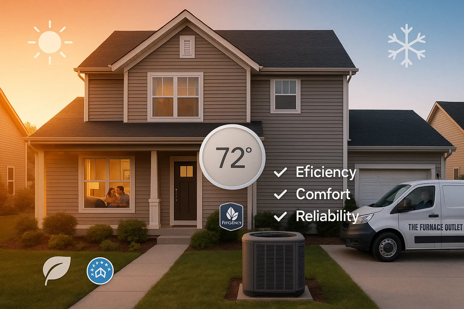 Suburban home with outdoor heat pump and thermostat overlay, illustrating efficient, reliable heating and cooling by The Furnace Outlet.