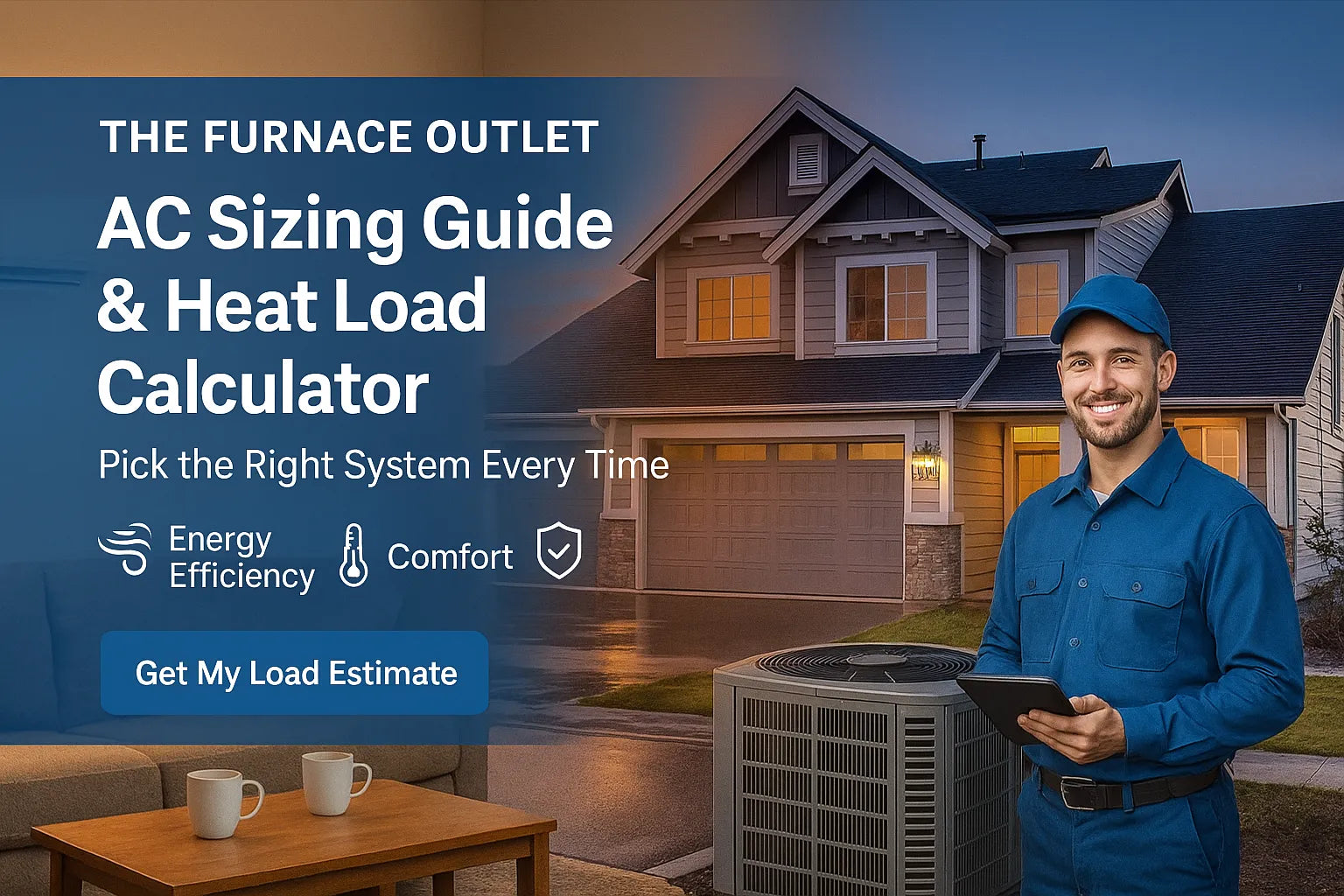 Energy-efficient residential HVAC hero for The Furnace Outlet showing a U.S. home, friendly technician, and heating/cooling icons with “AC Sizing Guide & Heat Load Calculator” headline
