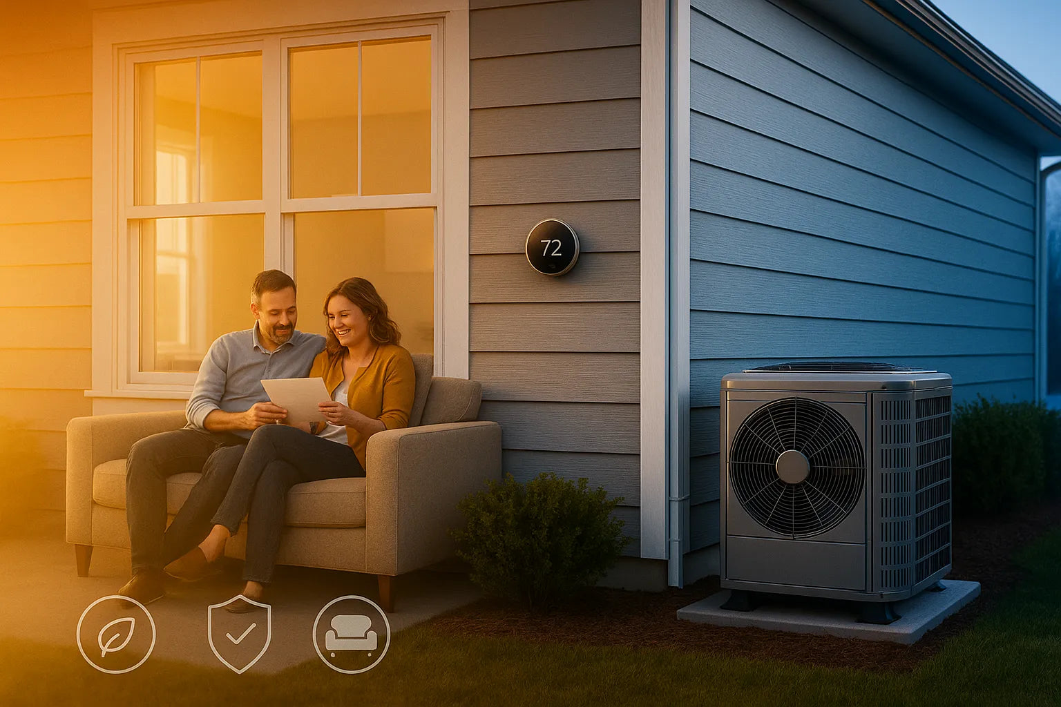 Suburban home with visible heat pump and thermostat at 72°F, conveying energy-efficient heating and cooling for The Furnace Outlet.