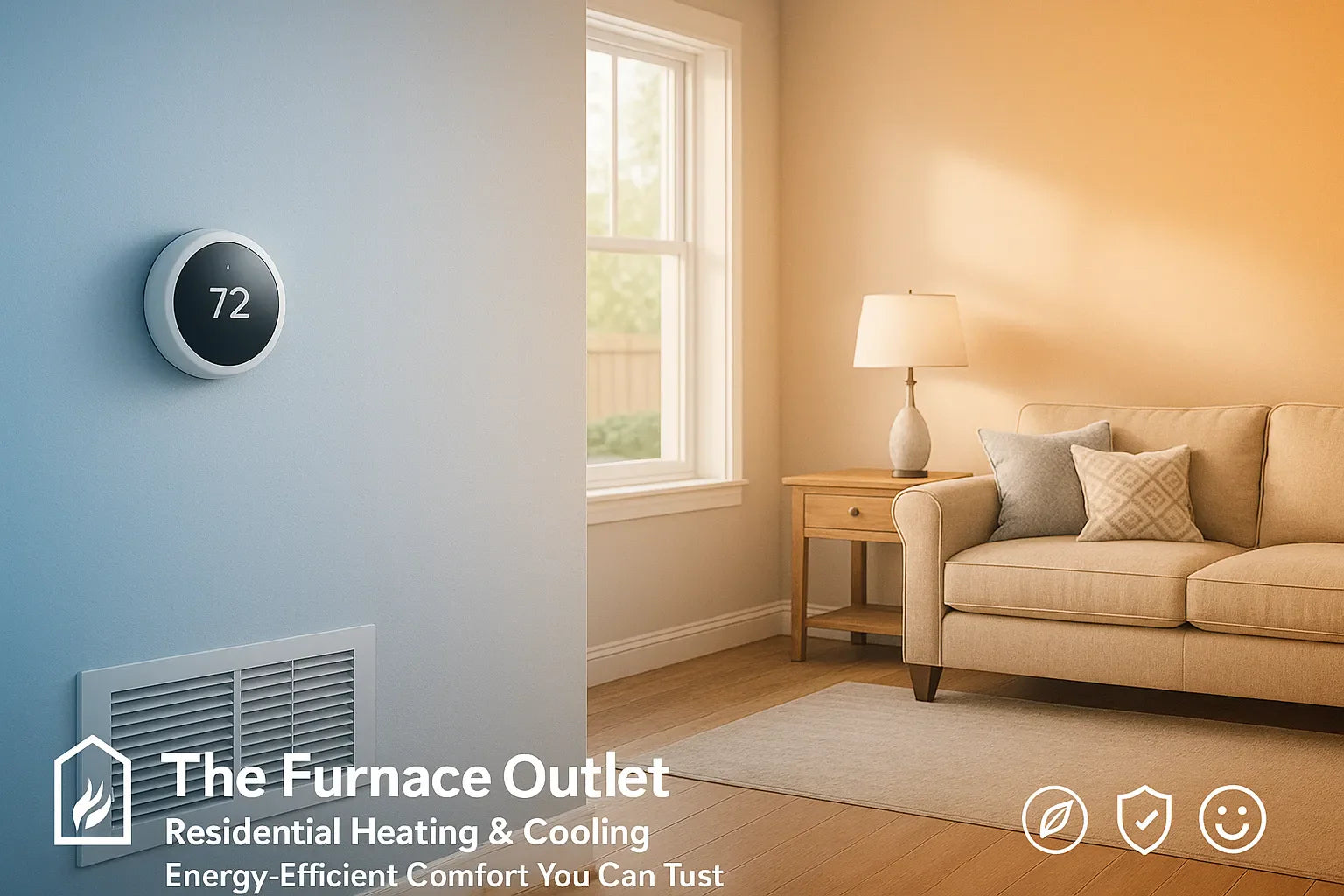 Sunlit American living room with a smart thermostat and subtle cool-to-warm tones, representing energy-efficient heating and cooling by The Furnace Outlet.