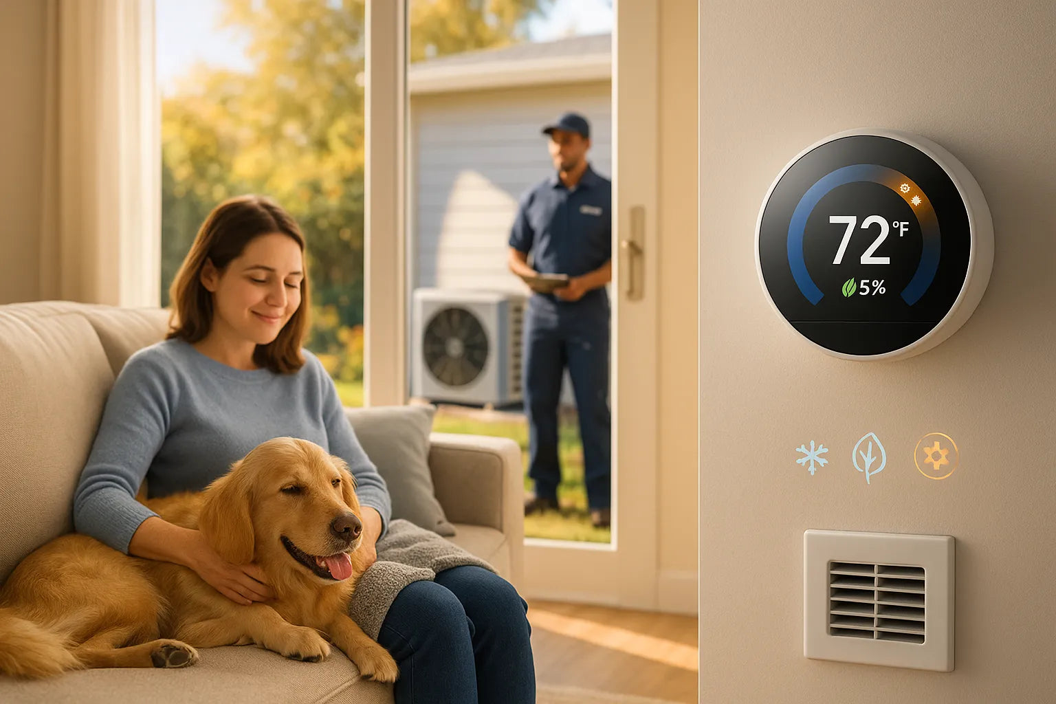 Sunlit American living room with smart thermostat reading 72°F and a technician by the outdoor heat pump—conveying efficient, reliable home heating and cooling.