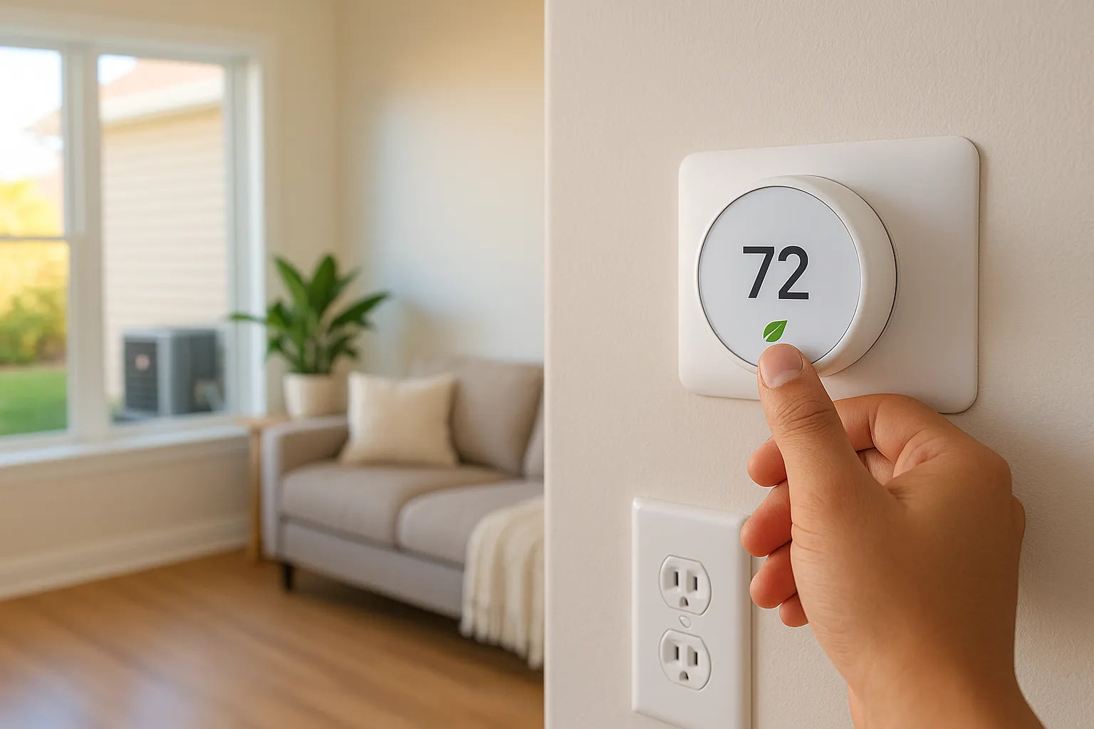 Sunlit living room with a homeowner adjusting a smart thermostat to 72°F while a tidy outdoor condenser sits outside—conveying efficient, reliable heating and cooling.