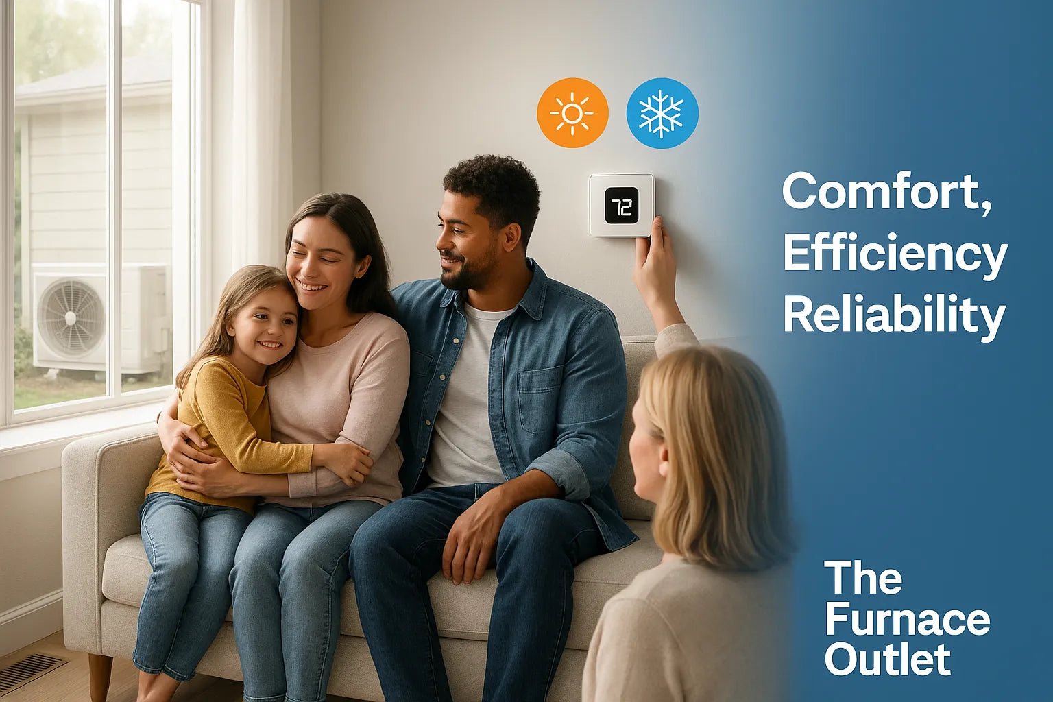 Sunlit living room with smart thermostat and outdoor heat pump, conveying efficient, reliable home comfort by The Furnace Outlet.